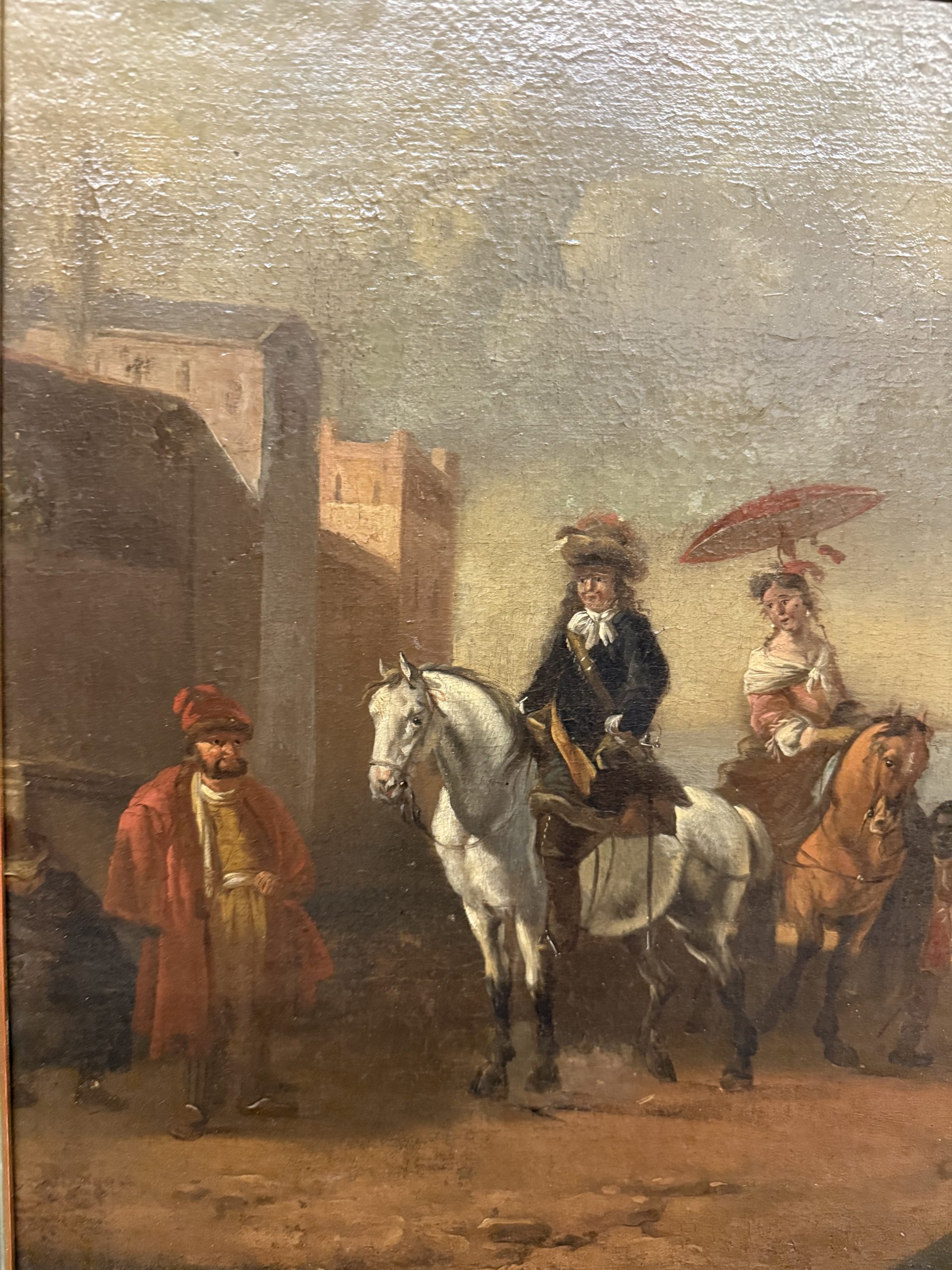 Antico dipinto olio su tela con cavaliere e dama XVIII sec, 63x55cm - immagine 3