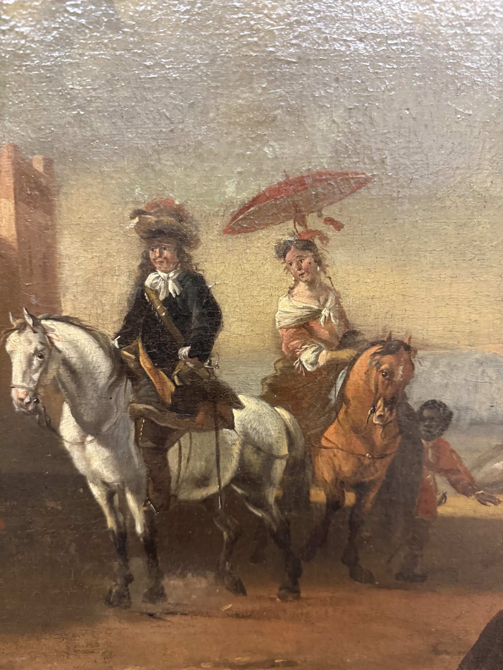 Antico dipinto olio su tela con cavaliere e dama XVIII sec, 63x55cm - immagine 4