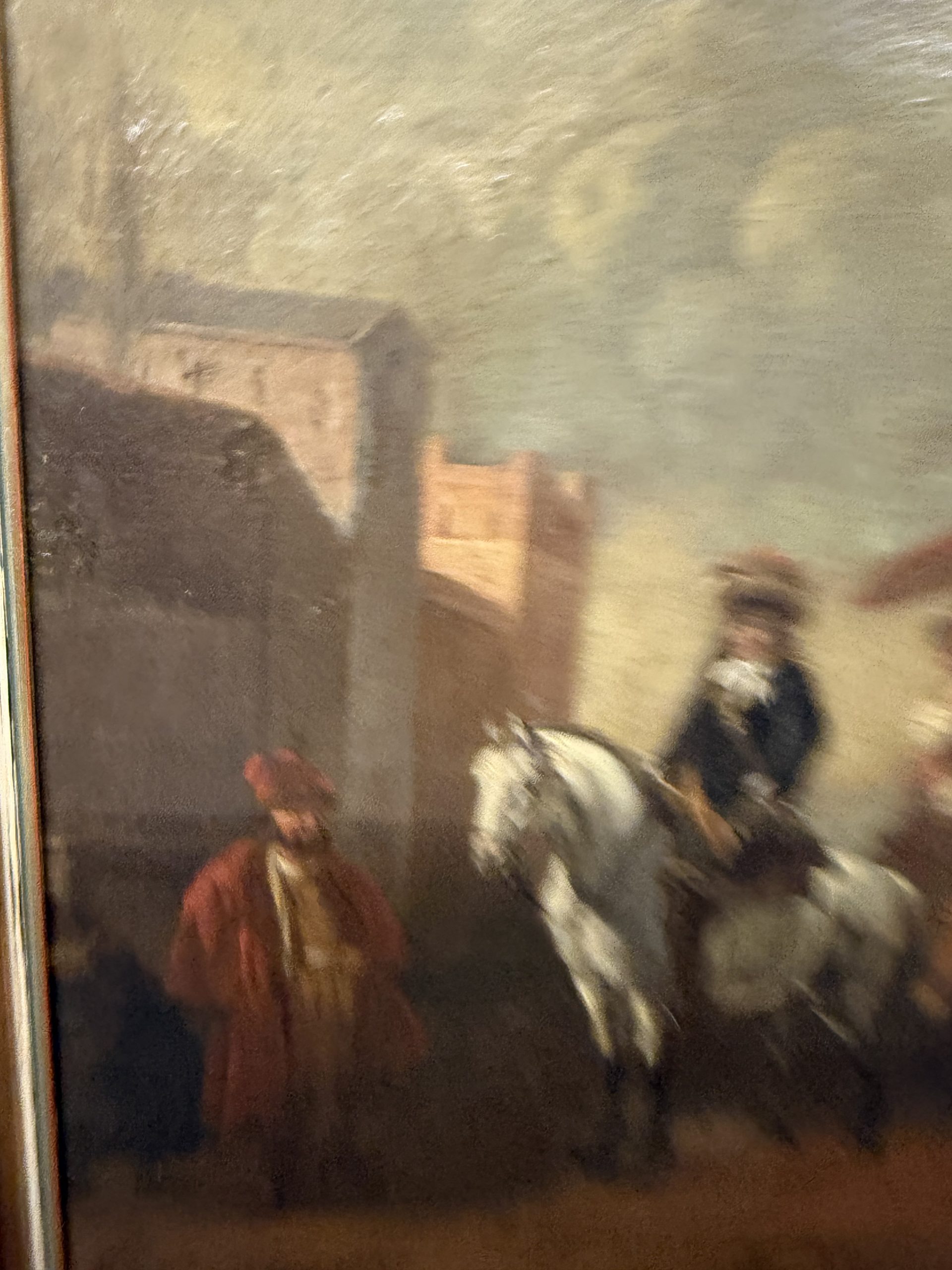 Antico dipinto olio su tela con cavaliere e dama XVIII sec, 63x55cm - immagine 6
