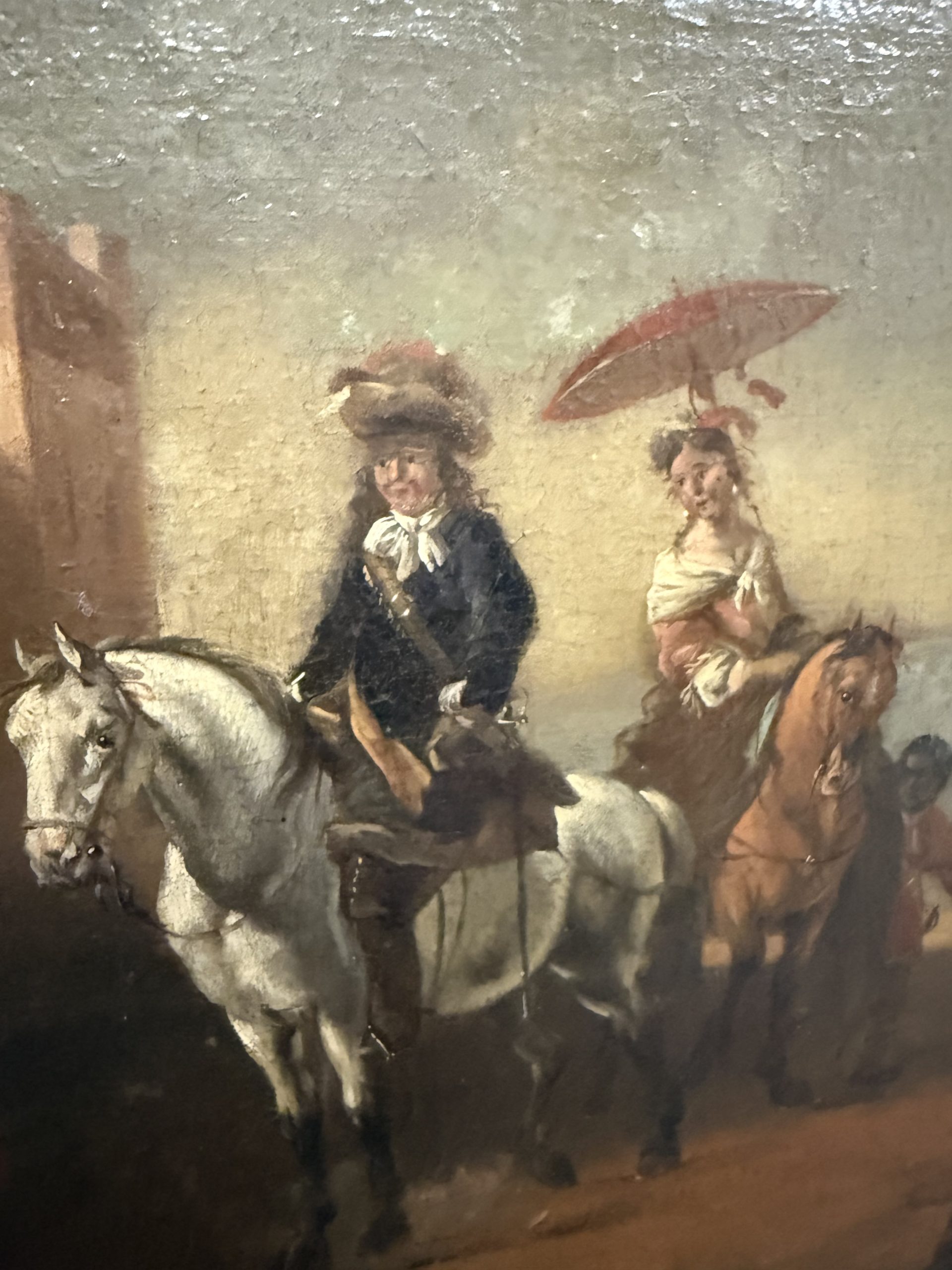 Antico dipinto olio su tela con cavaliere e dama XVIII sec, 63x55cm - immagine 7