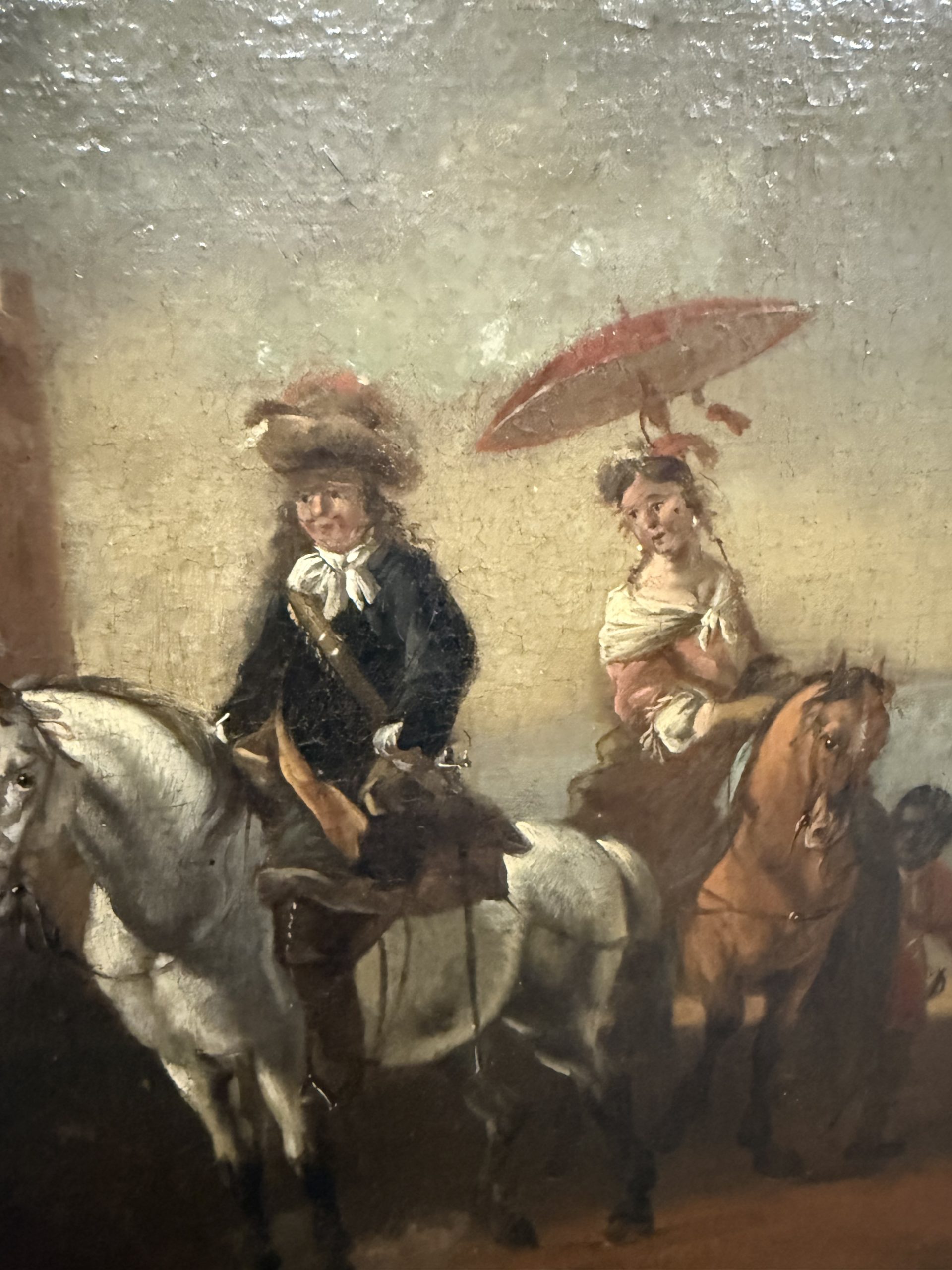 Antico dipinto olio su tela con cavaliere e dama XVIII sec, 63x55cm - immagine 8
