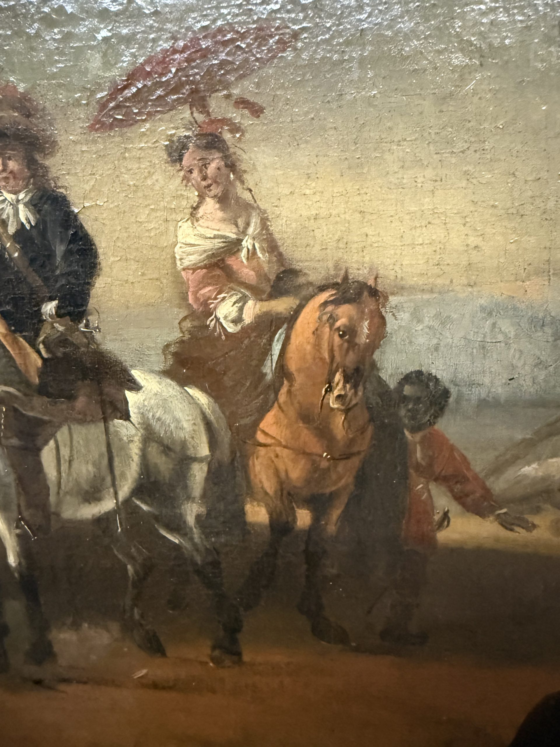 Antico dipinto olio su tela con cavaliere e dama XVIII sec, 63x55cm - immagine 9