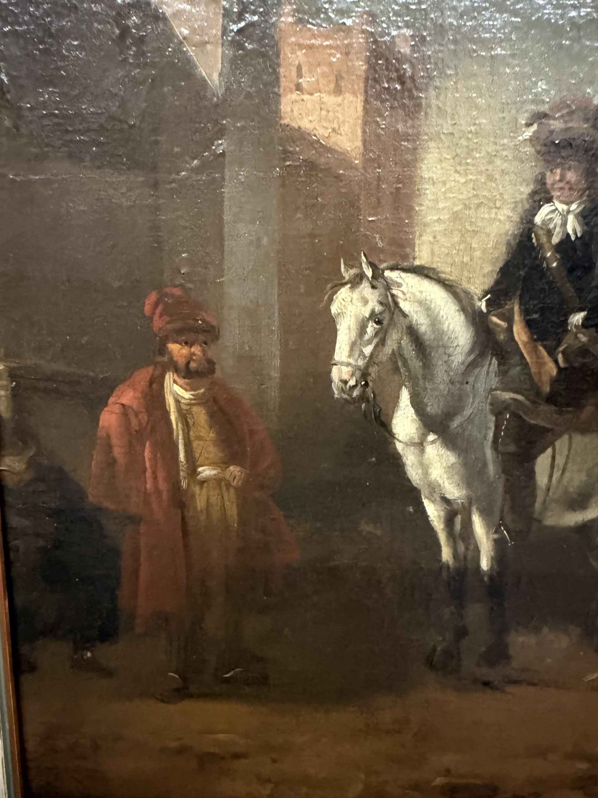 Antico dipinto olio su tela con cavaliere e dama XVIII sec, 63x55cm - immagine 10
