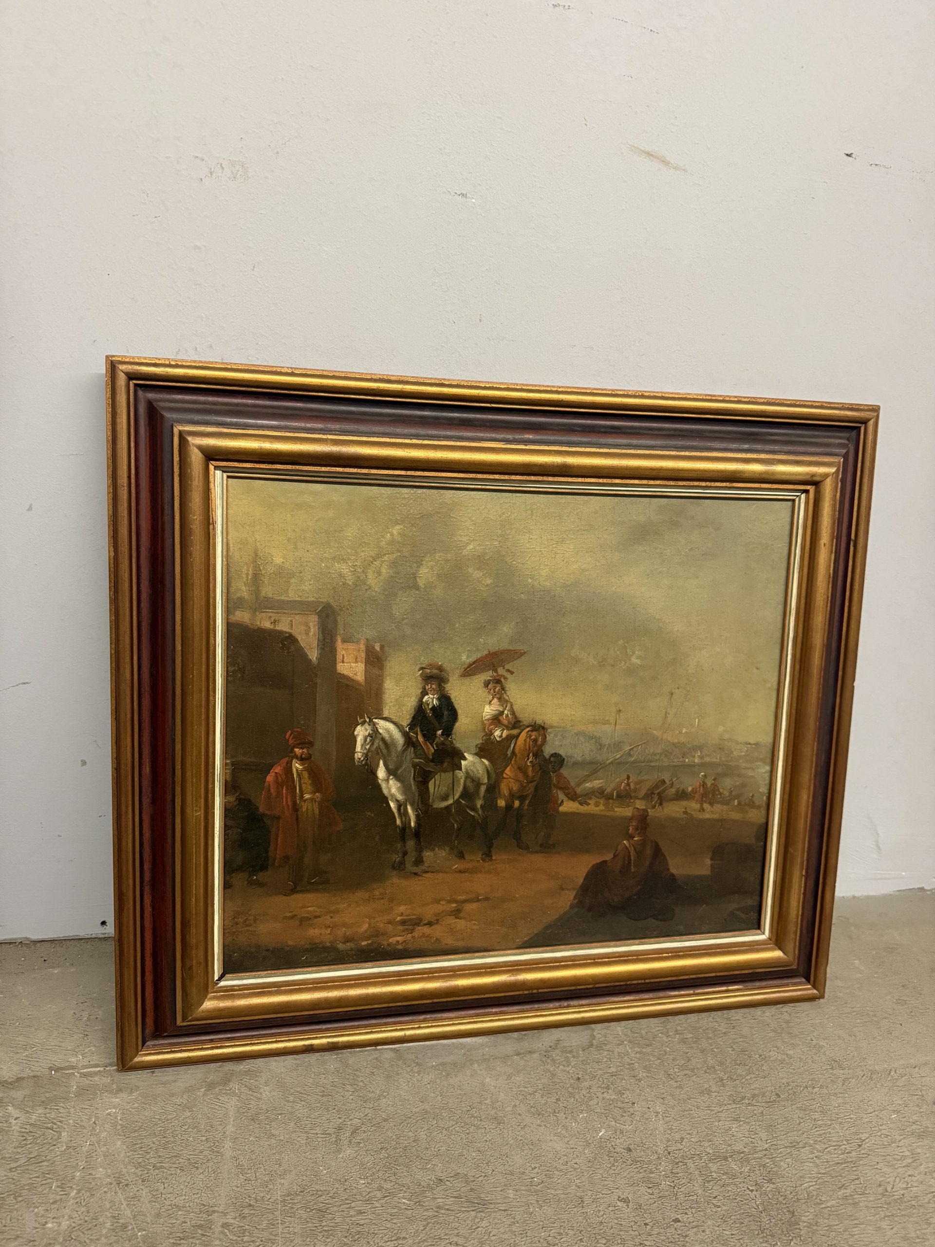 Antico dipinto olio su tela con cavaliere e dama XVIII sec, 63x55cm - immagine 11