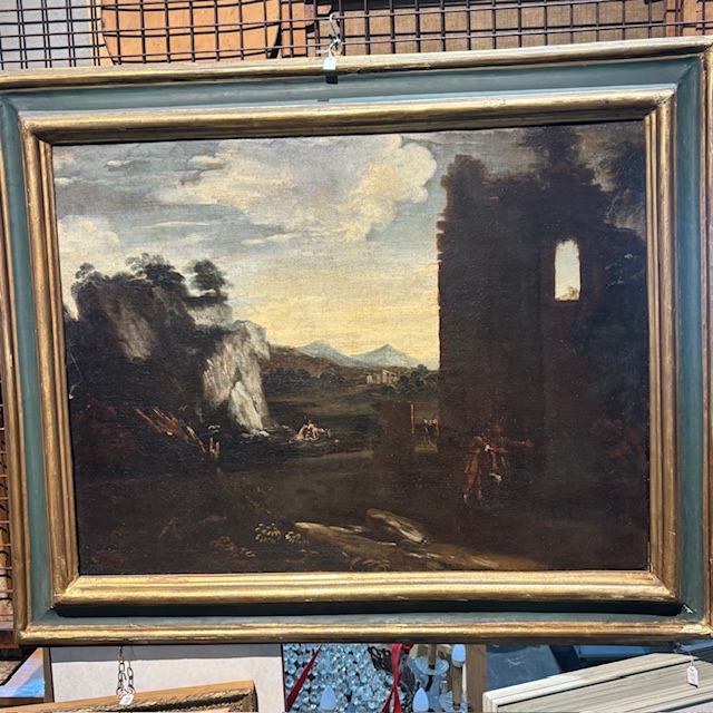 Antico bellissimo dipinto Paesaggio e rovine con personaggi ,metà XVIII sec . mis 116 x 95