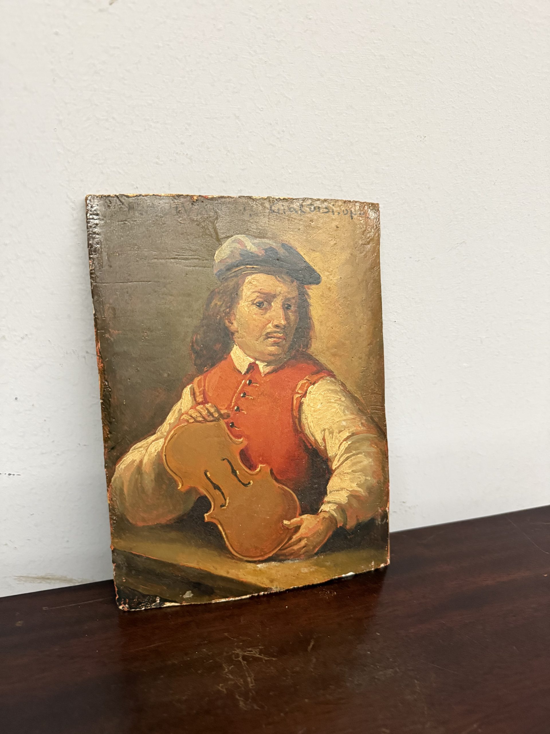 Antico dipinto con liutaio XIX sec, Cialdisi, 24x18cm