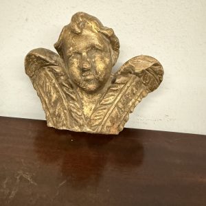 Antico frammento scultura d'angelo dorato, XVII sec, 14x14cm