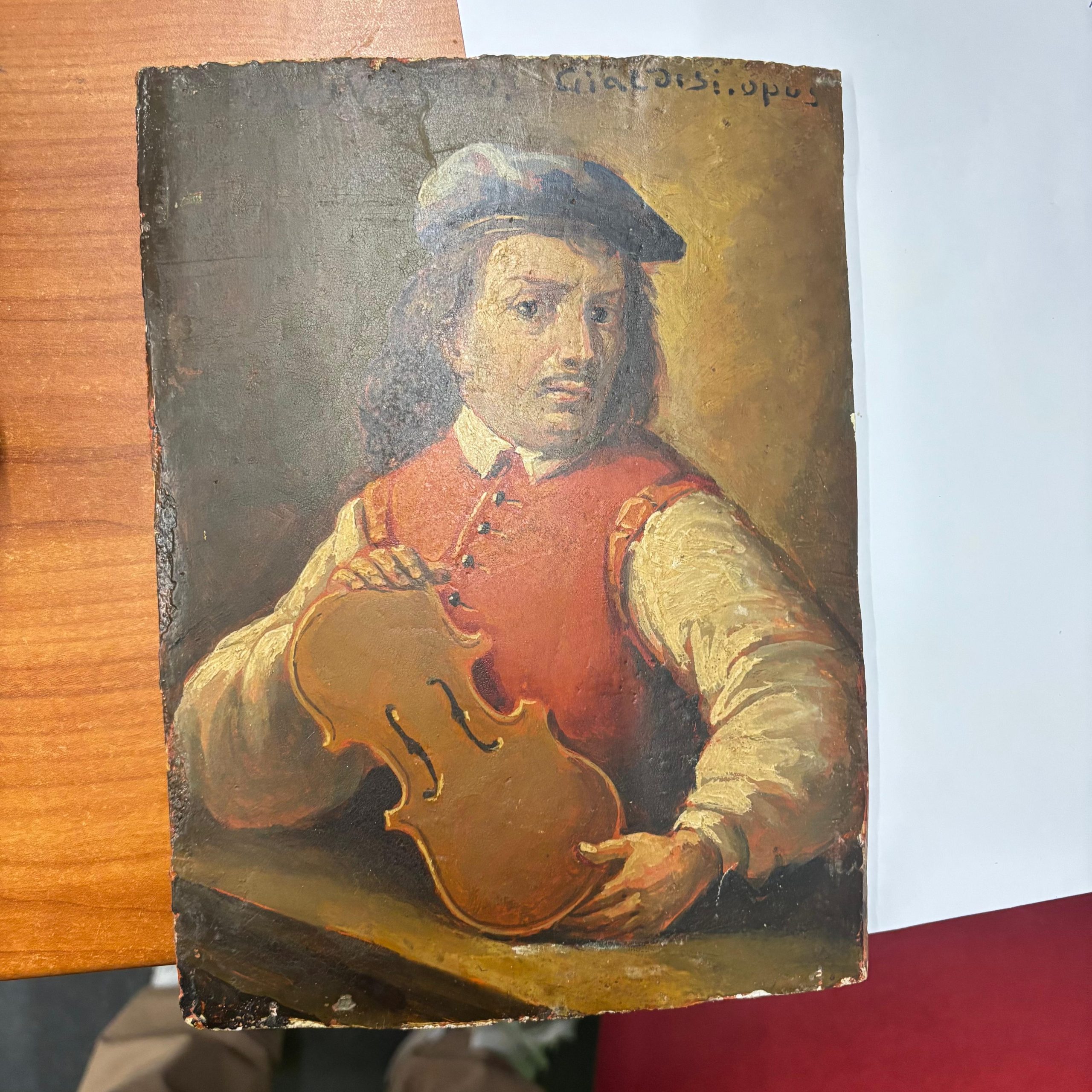 Antico dipinto con liutaio XIX sec, Cialdisi, 24x18cm - immagine 2