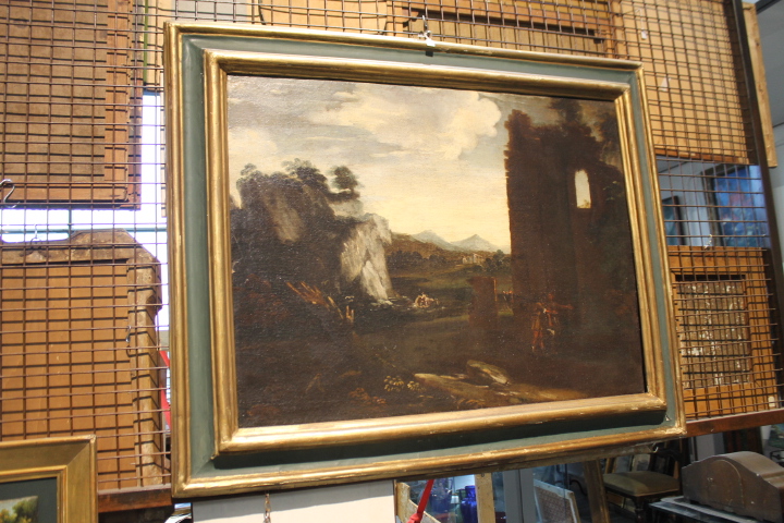 Antico bellissimo dipinto Paesaggio e rovine con personaggi ,metà XVIII sec . mis 116 x 95 - immagine 2