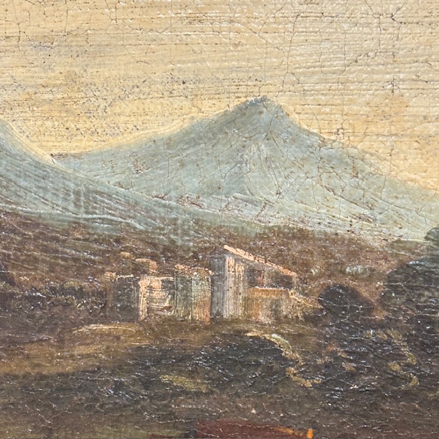 Antico bellissimo dipinto Paesaggio e rovine con personaggi ,metà XVIII sec . mis 116 x 95 - immagine 6