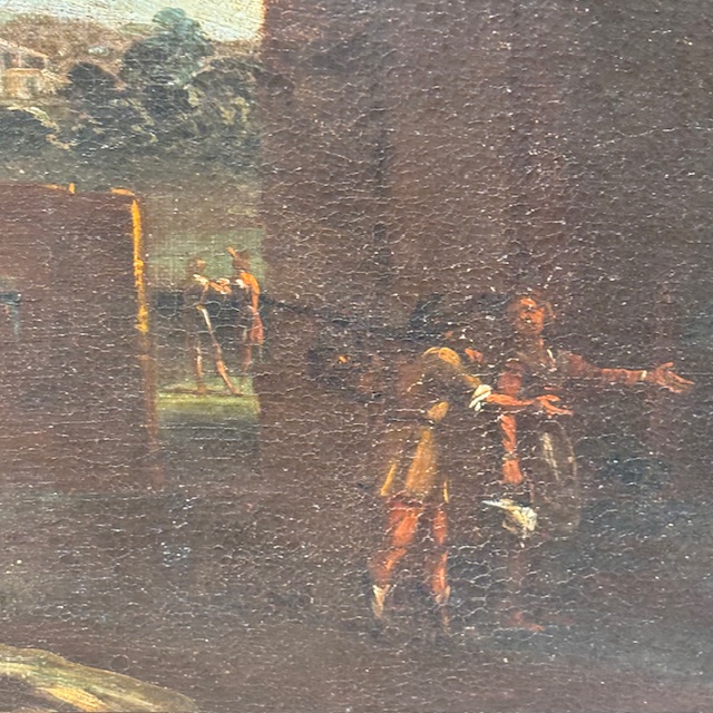 Antico bellissimo dipinto Paesaggio e rovine con personaggi ,metà XVIII sec . mis 116 x 95 - immagine 7