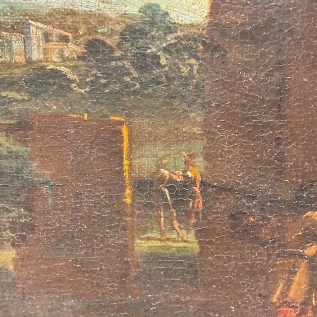 Antico bellissimo dipinto Paesaggio e rovine con personaggi ,metà XVIII sec . mis 116 x 95 - immagine 8