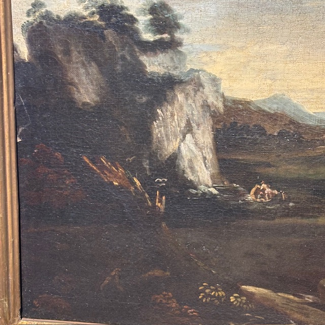 Antico bellissimo dipinto Paesaggio e rovine con personaggi ,metà XVIII sec . mis 116 x 95 - immagine 9