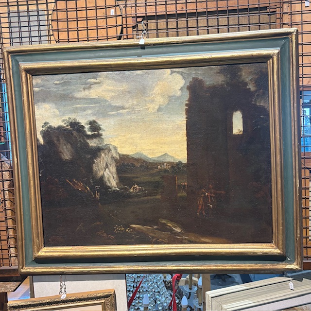 Antico bellissimo dipinto Paesaggio e rovine con personaggi ,metà XVIII sec . mis 116 x 95 - immagine 10