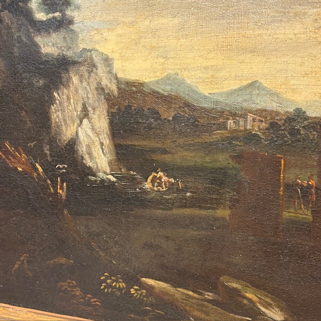 Antico bellissimo dipinto Paesaggio e rovine con personaggi ,metà XVIII sec . mis 116 x 95 - immagine 11