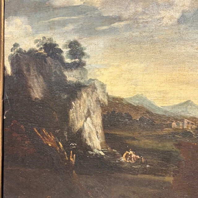 Antico bellissimo dipinto Paesaggio e rovine con personaggi ,metà XVIII sec . mis 116 x 95 - immagine 12