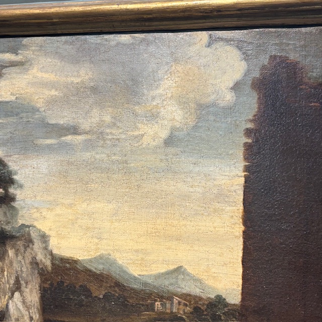 Antico bellissimo dipinto Paesaggio e rovine con personaggi ,metà XVIII sec . mis 116 x 95 - immagine 13
