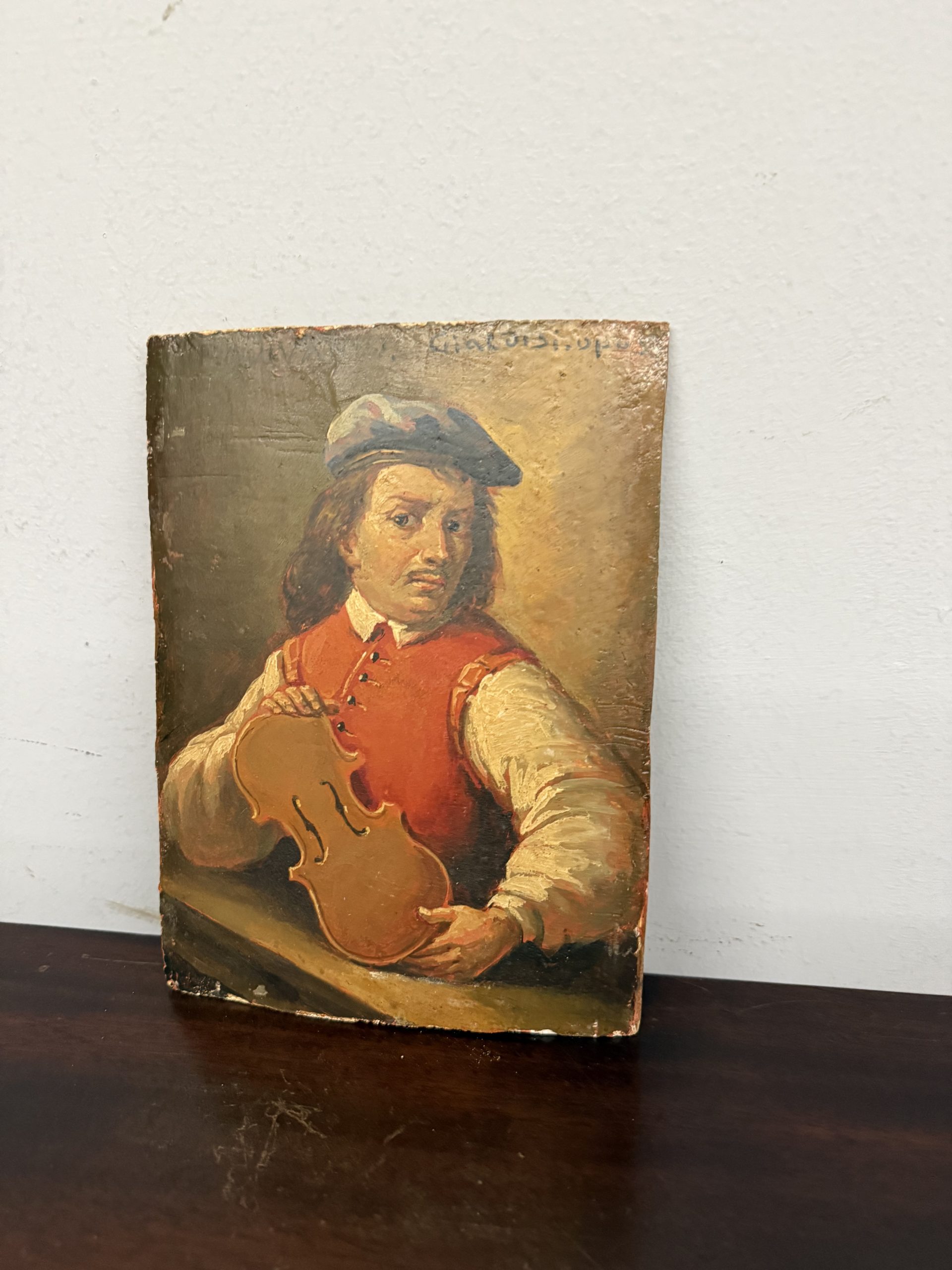 Antico dipinto con liutaio XIX sec, Cialdisi, 24x18cm - immagine 4