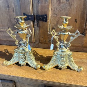 Antica coppia di candelabri oro Zechino L. Filippo epoca 1850 circa . MIS h 23 . Base cm 18 x cm 18