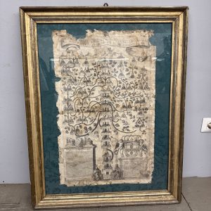 Antica incisione su tela, Albero genealogico del Re del Portogallo XVI sec, 92x72cm