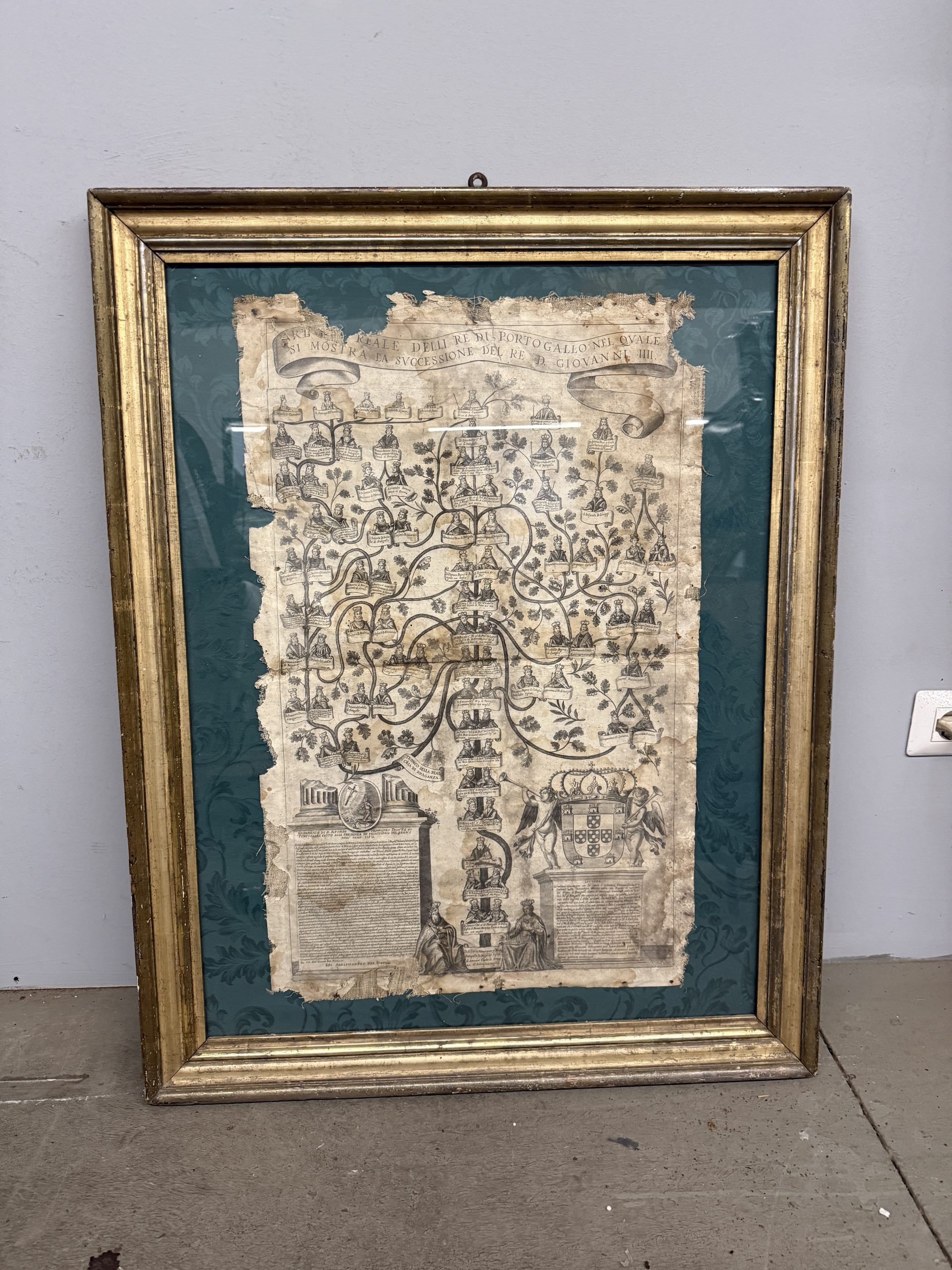 Antica incisione su tela, Albero genealogico del Re del Portogallo XVI sec, 92x72cm