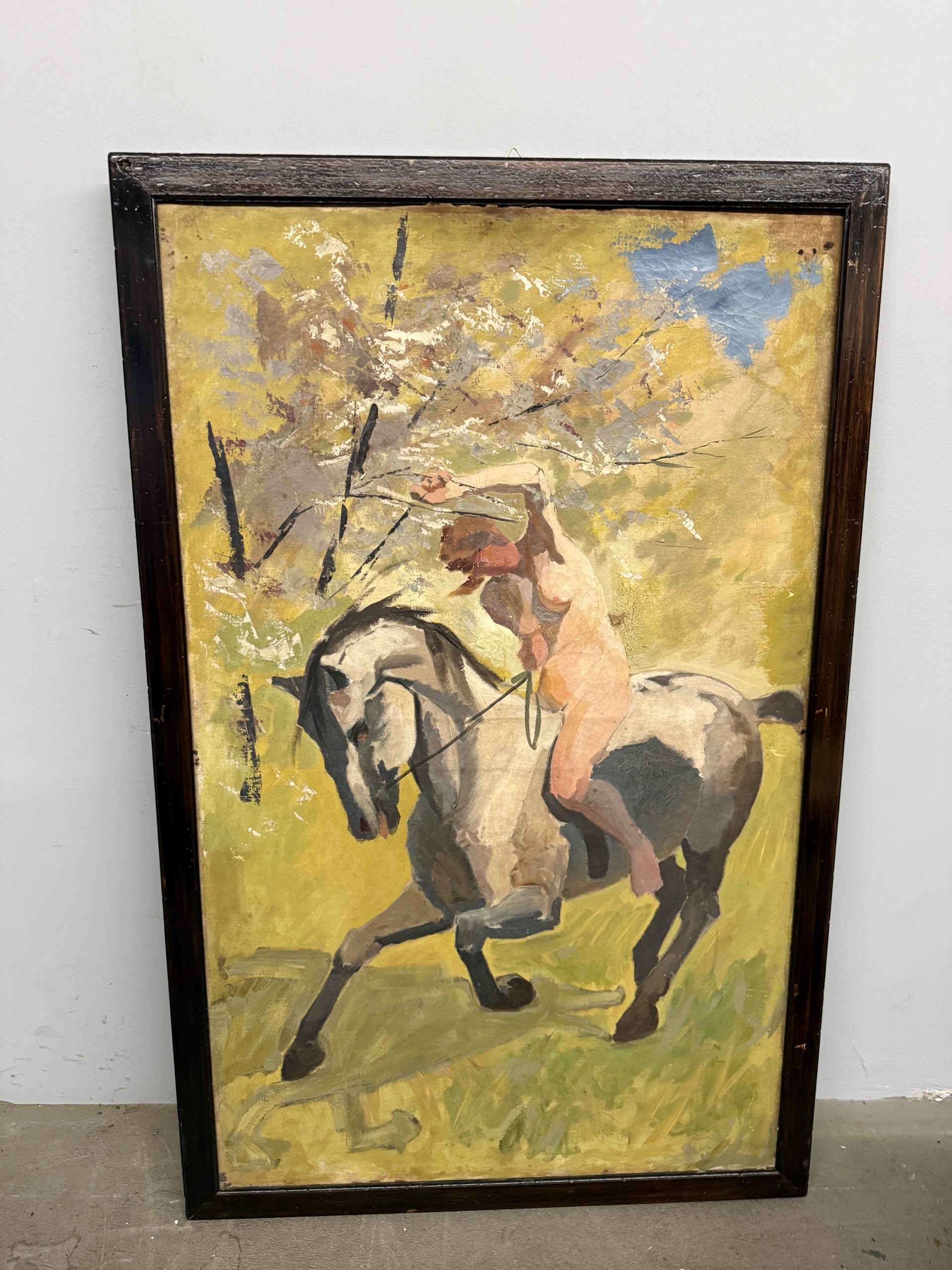 Antico dipinto olio su tela "Donna nuda a cavallo" Roma 1921, 140x89cm