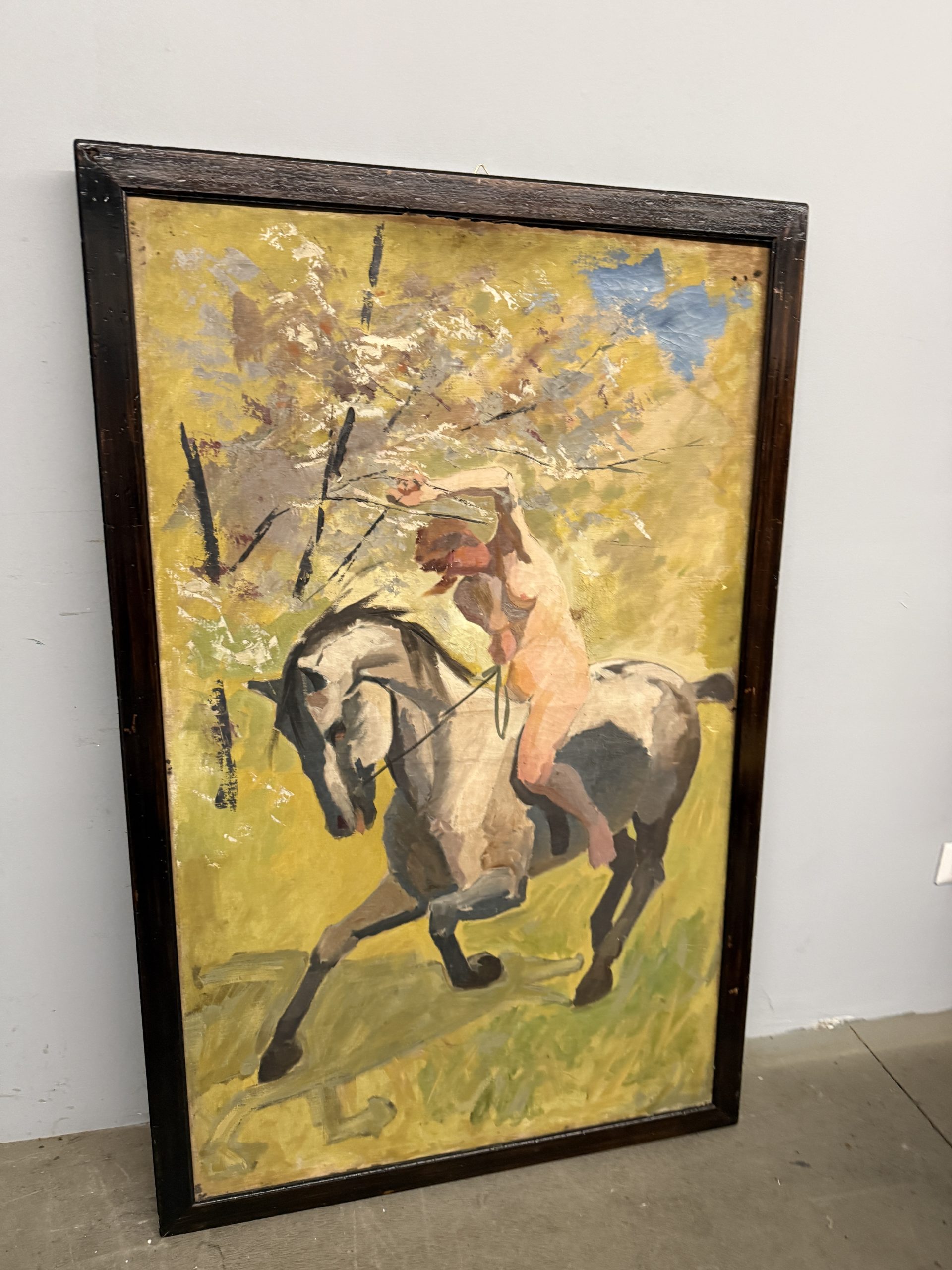 Antico dipinto olio su tela "Donna nuda a cavallo" Roma 1921, 140x89cm - immagine 2
