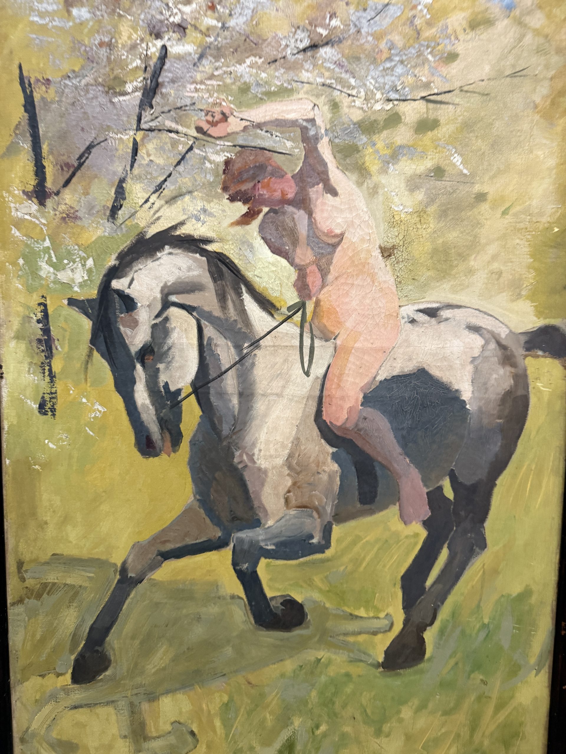 Antico dipinto olio su tela "Donna nuda a cavallo" Roma 1921, 140x89cm - immagine 6