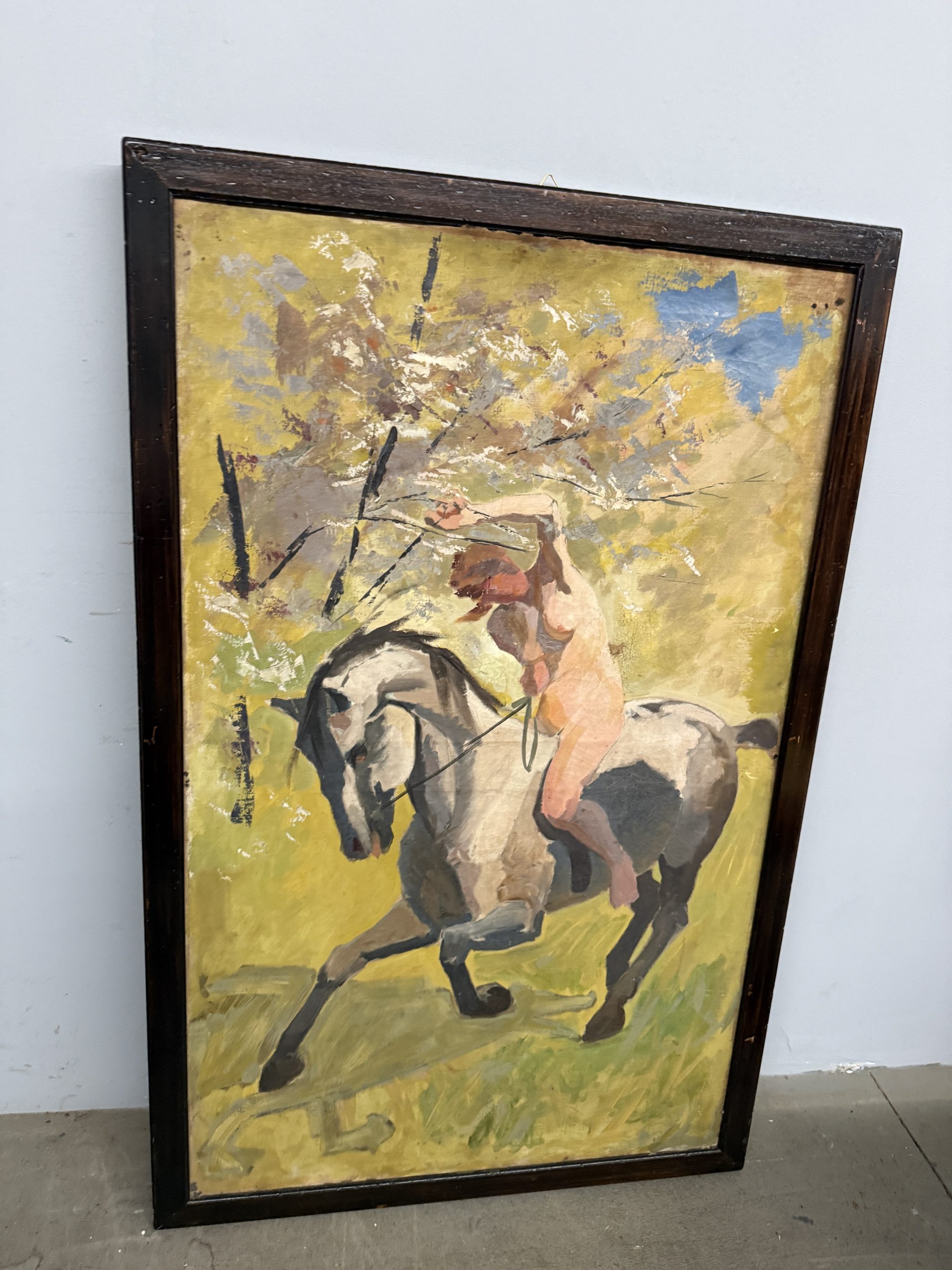 Antico dipinto olio su tela "Donna nuda a cavallo" Roma 1921, 140x89cm - immagine 9