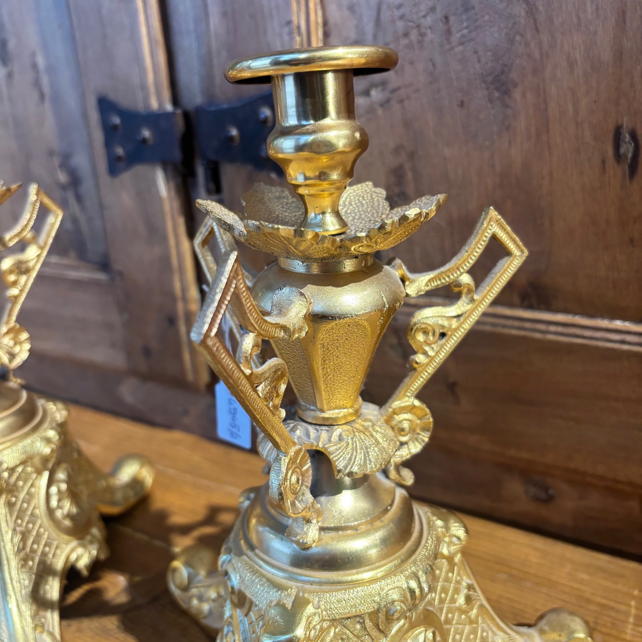 Antica coppia di candelabri oro Zechino L. Filippo epoca 1850 circa . MIS h 23 . Base cm 18 x cm 18 - immagine 5