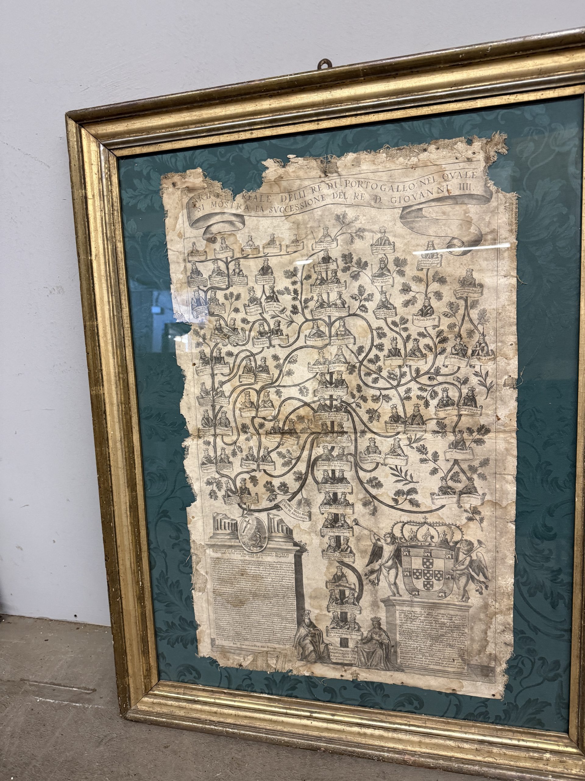 Antica incisione su tela, Albero genealogico del Re del Portogallo XVI sec, 92x72cm - immagine 2
