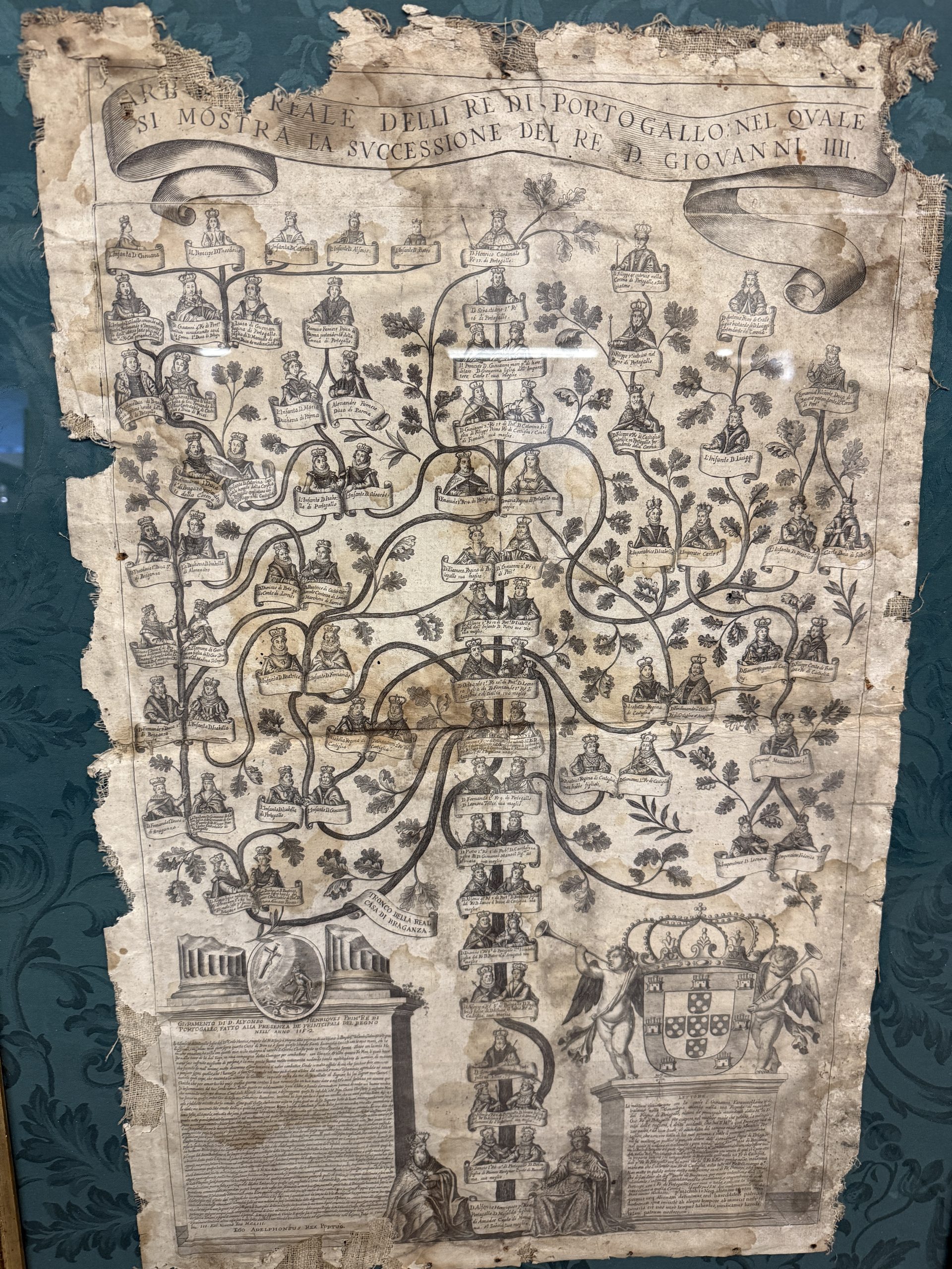 Antica incisione su tela, Albero genealogico del Re del Portogallo XVI sec, 92x72cm - immagine 3