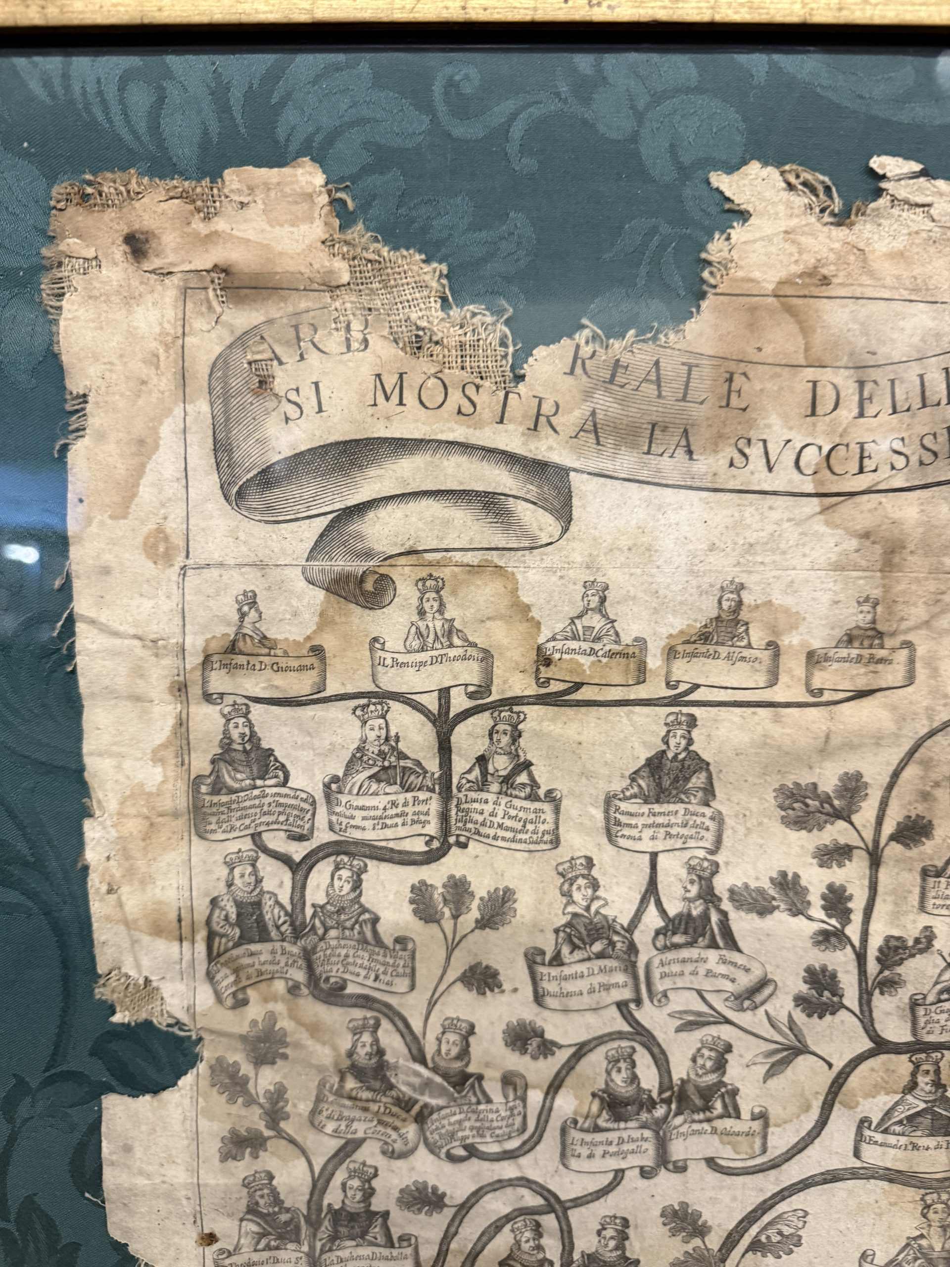 Antica incisione su tela, Albero genealogico del Re del Portogallo XVI sec, 92x72cm - immagine 5