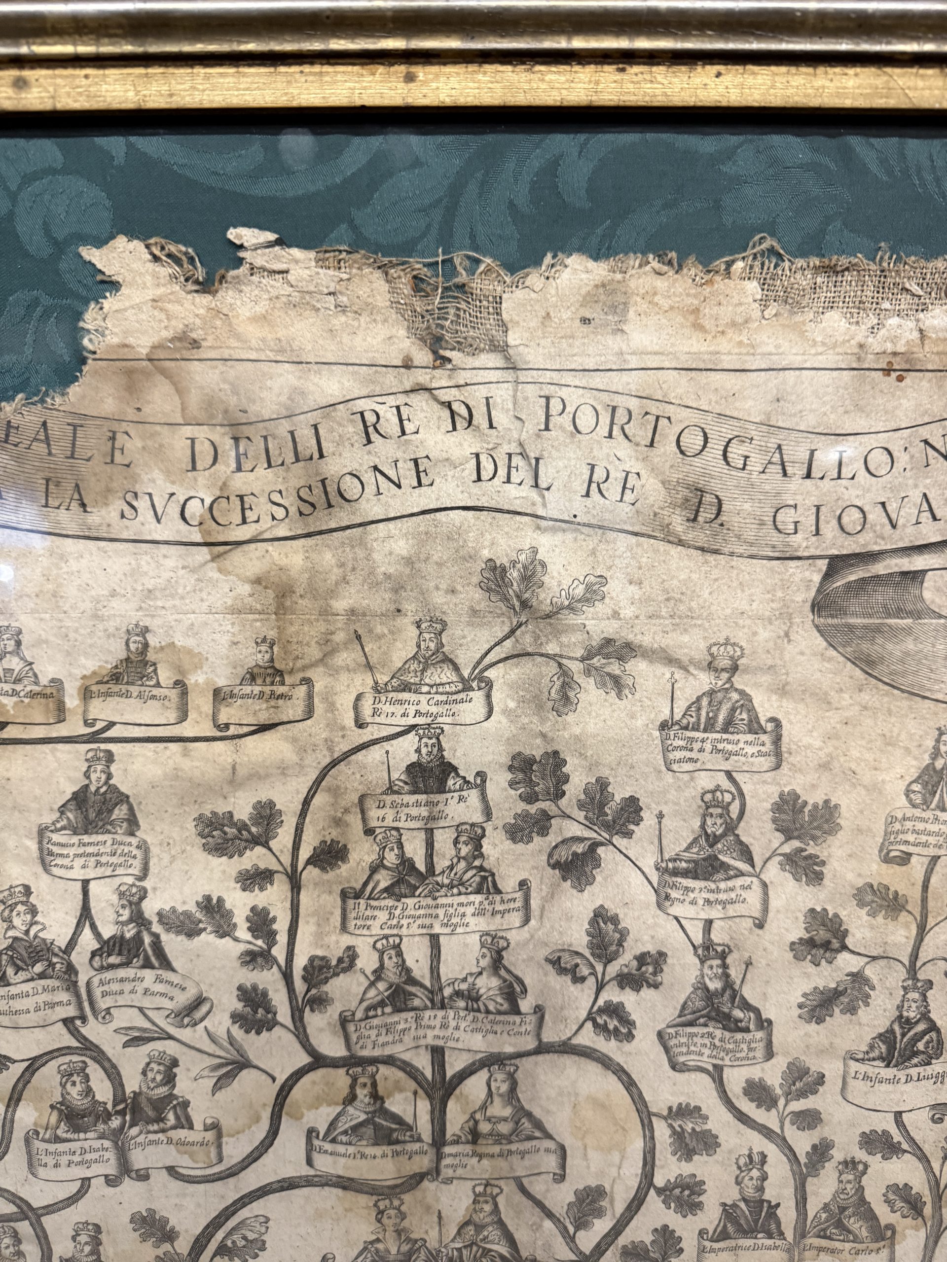 Antica incisione su tela, Albero genealogico del Re del Portogallo XVI sec, 92x72cm - immagine 6
