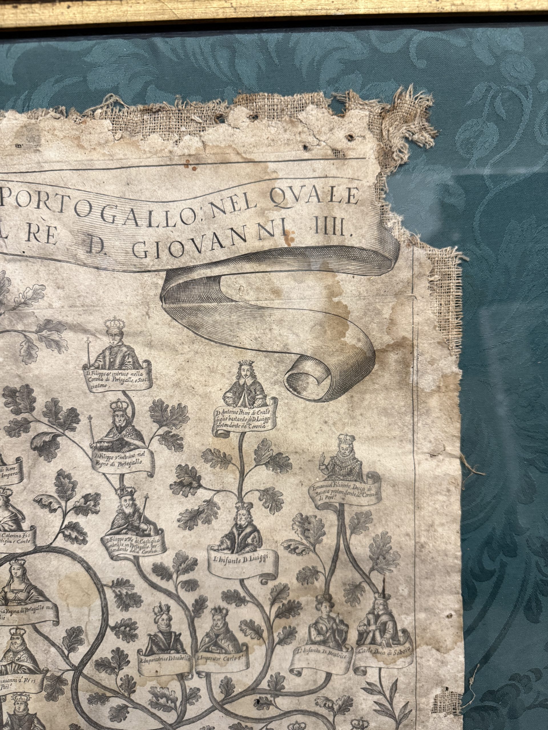 Antica incisione su tela, Albero genealogico del Re del Portogallo XVI sec, 92x72cm - immagine 7