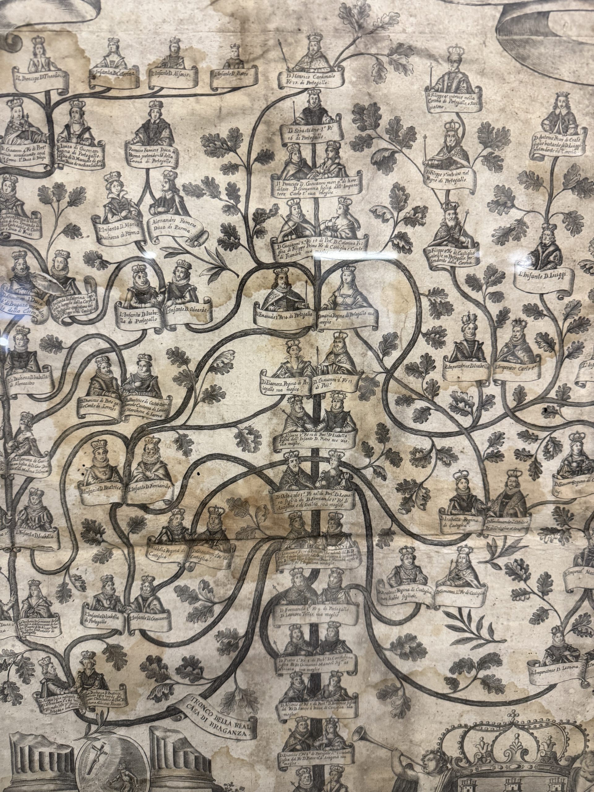 Antica incisione su tela, Albero genealogico del Re del Portogallo XVI sec, 92x72cm - immagine 8