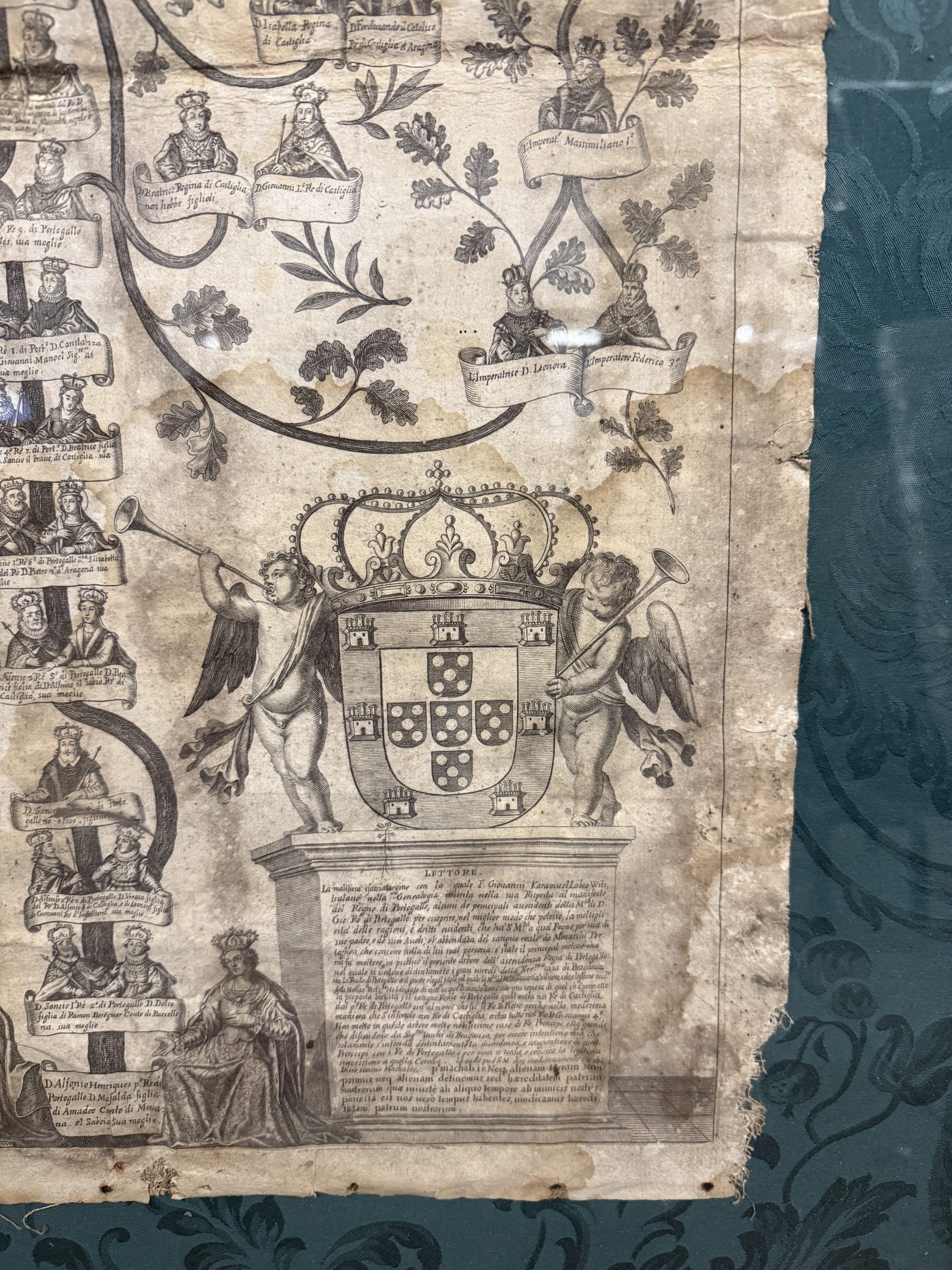 Antica incisione su tela, Albero genealogico del Re del Portogallo XVI sec, 92x72cm - immagine 9