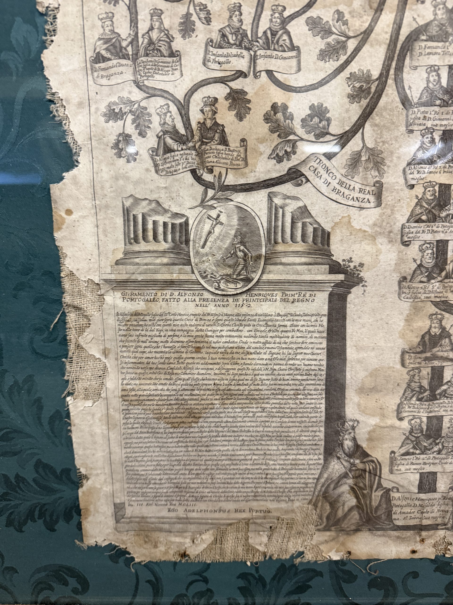 Antica incisione su tela, Albero genealogico del Re del Portogallo XVI sec, 92x72cm - immagine 10