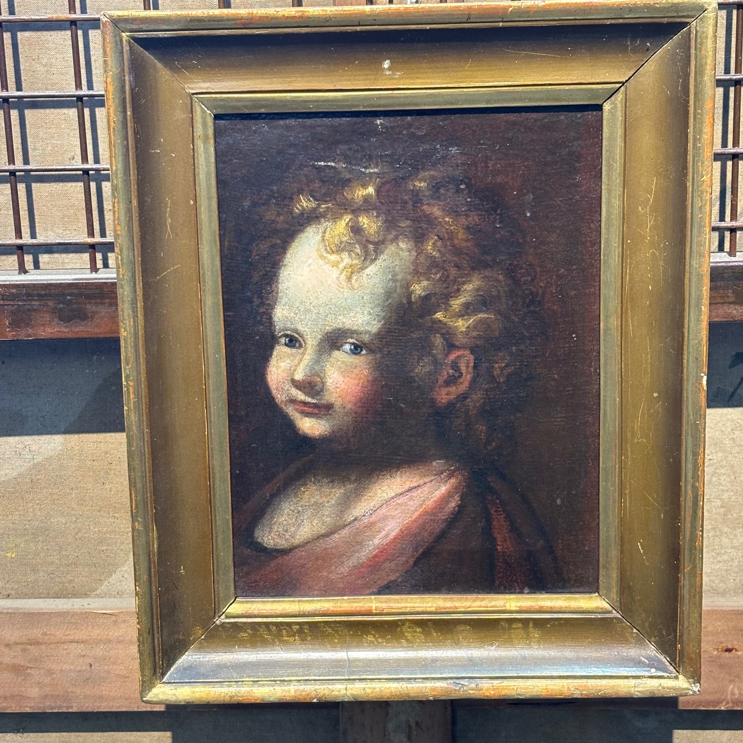 Antico dipinto olio su tela volto Angelo - Putto del XVII sec con cornice dorata . Mis 38 x 31
