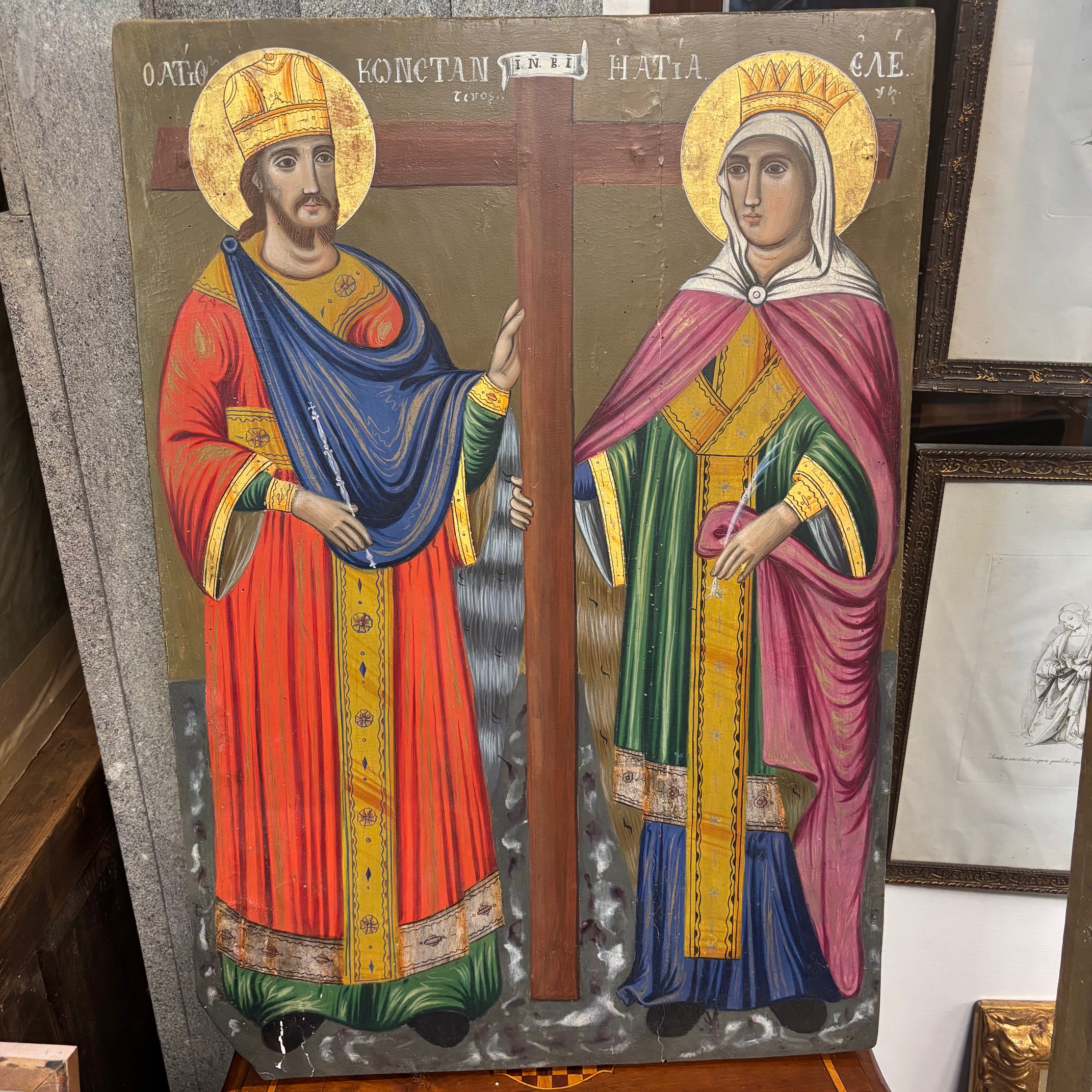 Antica Icona Ortodossa di Grandi dimensioni S. Costantino e S. Elena 78 x 53 epoca fine XIX secolo