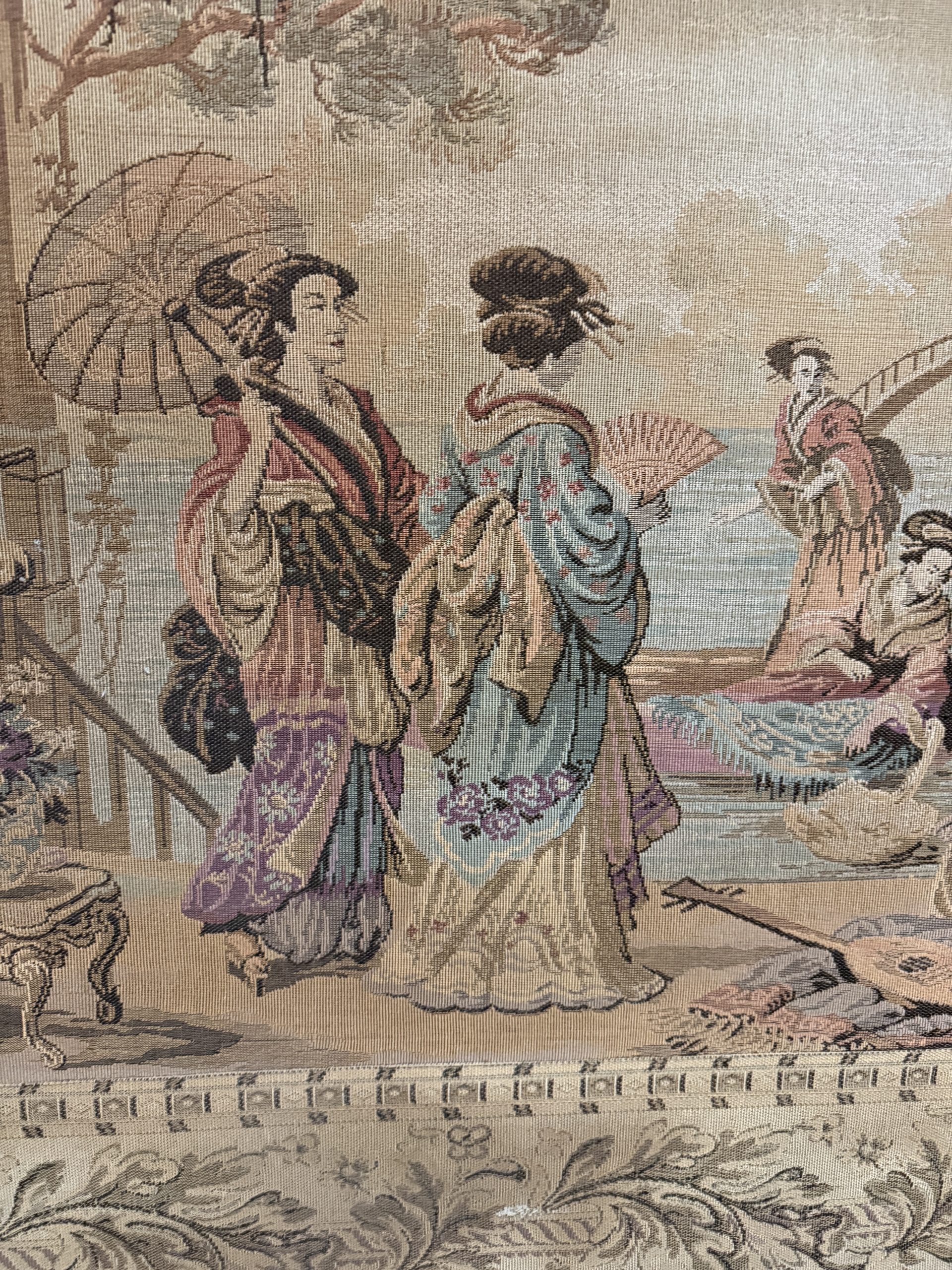 Antico arazzo scene popolari giapponesi, XIX sec, 208x110cm - immagine 6