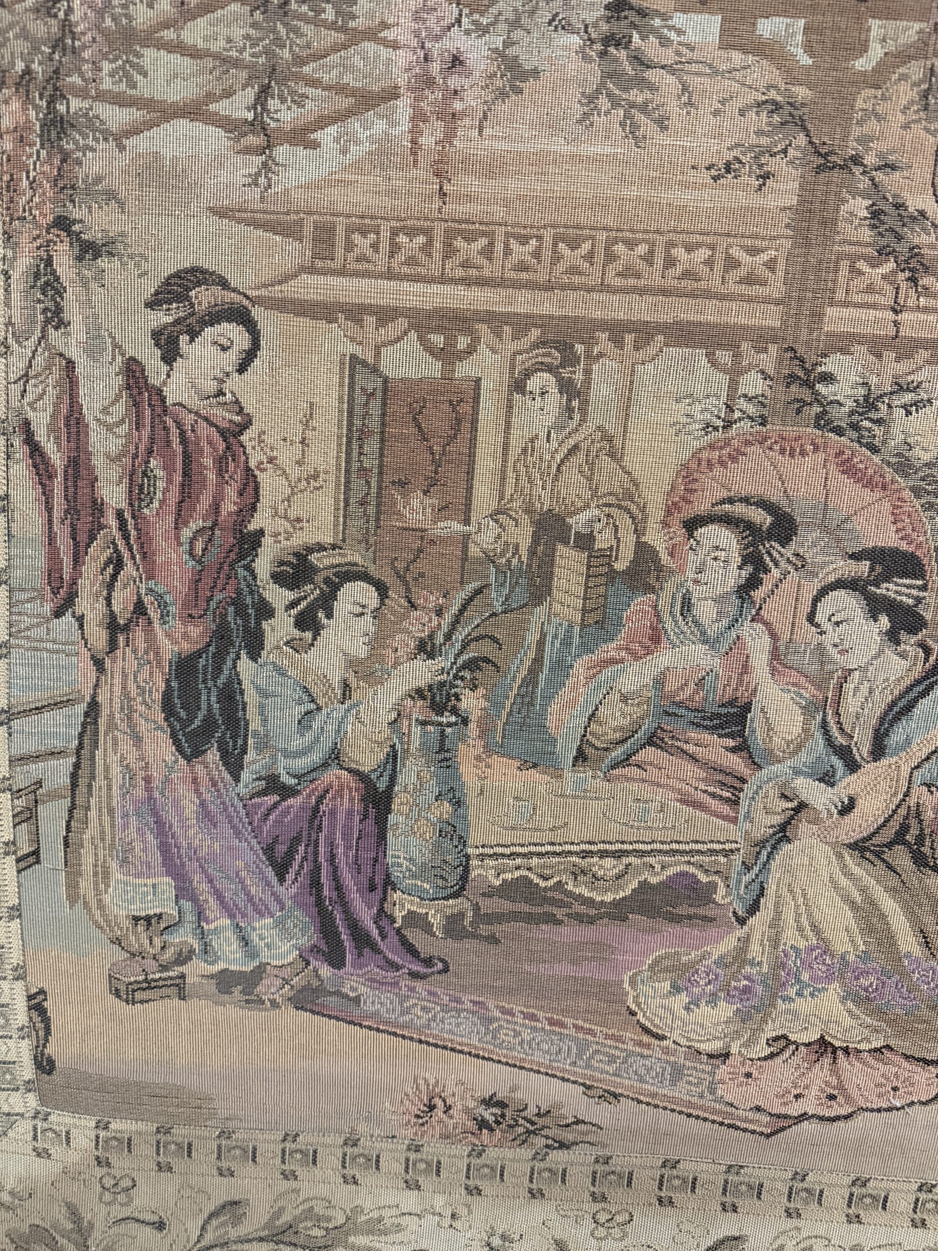 Antico arazzo scene popolari giapponesi, XIX sec, 208x110cm - immagine 7
