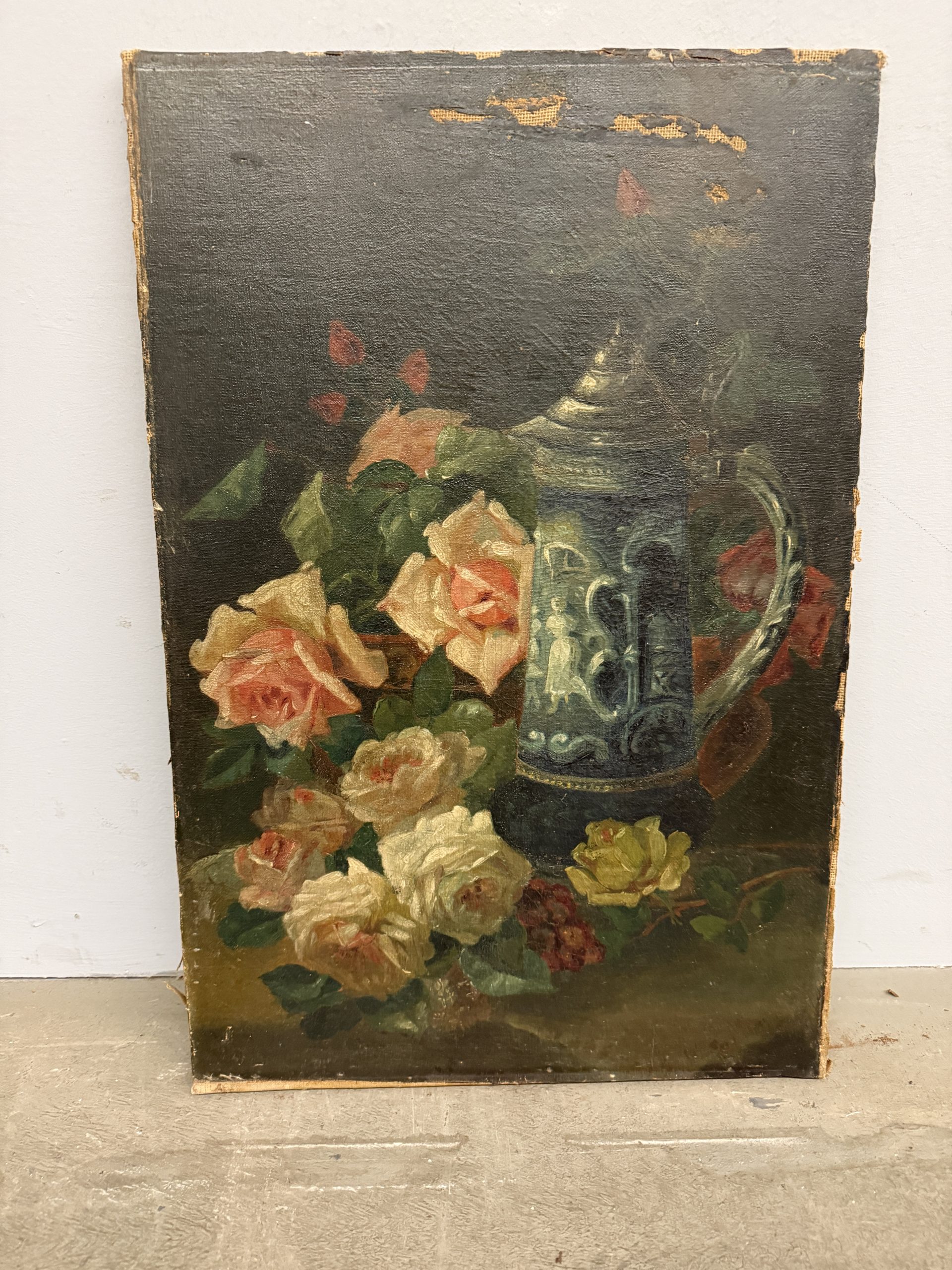 Antico dipinto olio su tela di gusto Liberty natura morta Francia 1930, 60x40cm - immagine 2