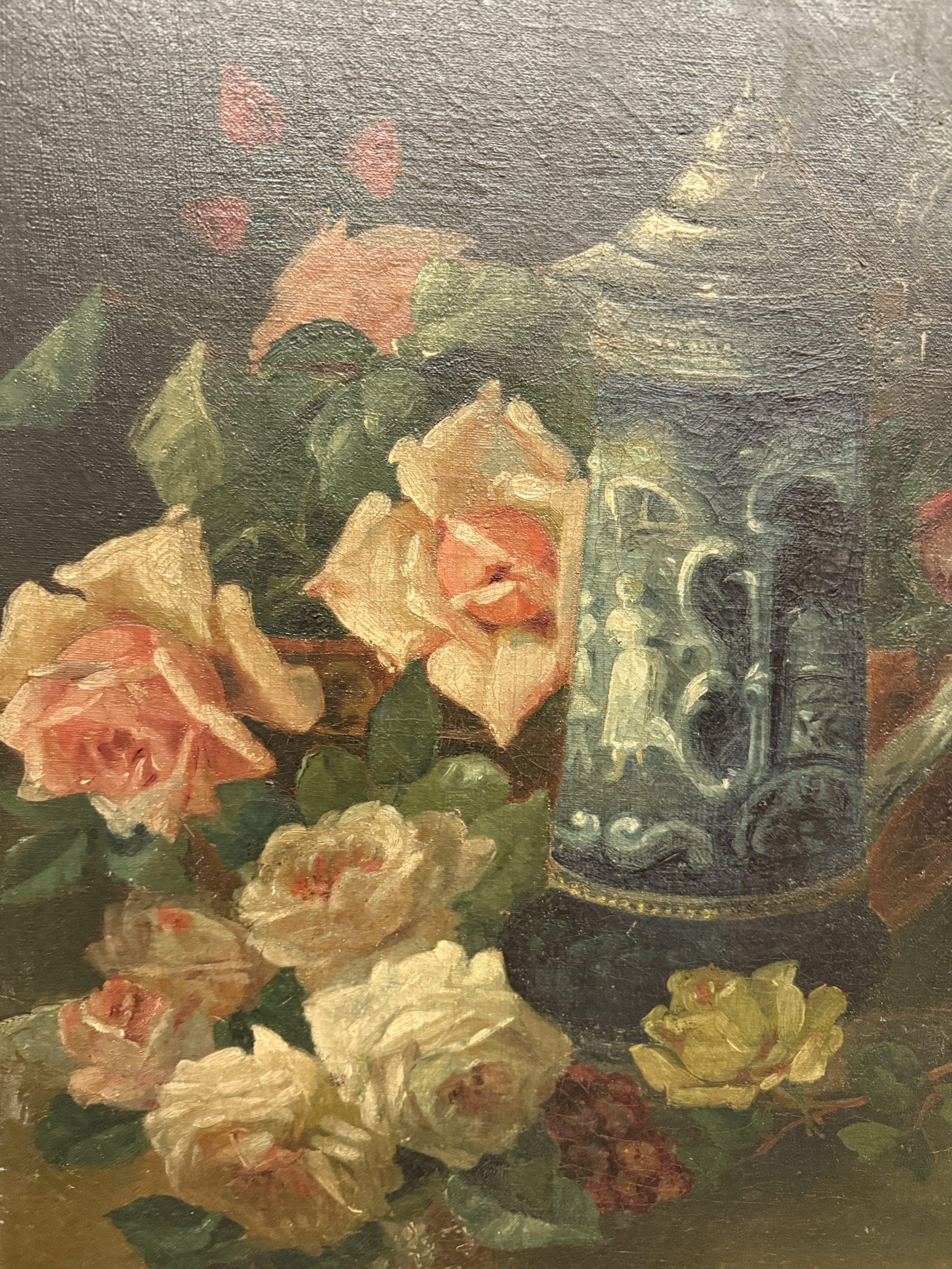 Antico dipinto olio su tela di gusto Liberty natura morta Francia 1930, 60x40cm - immagine 3