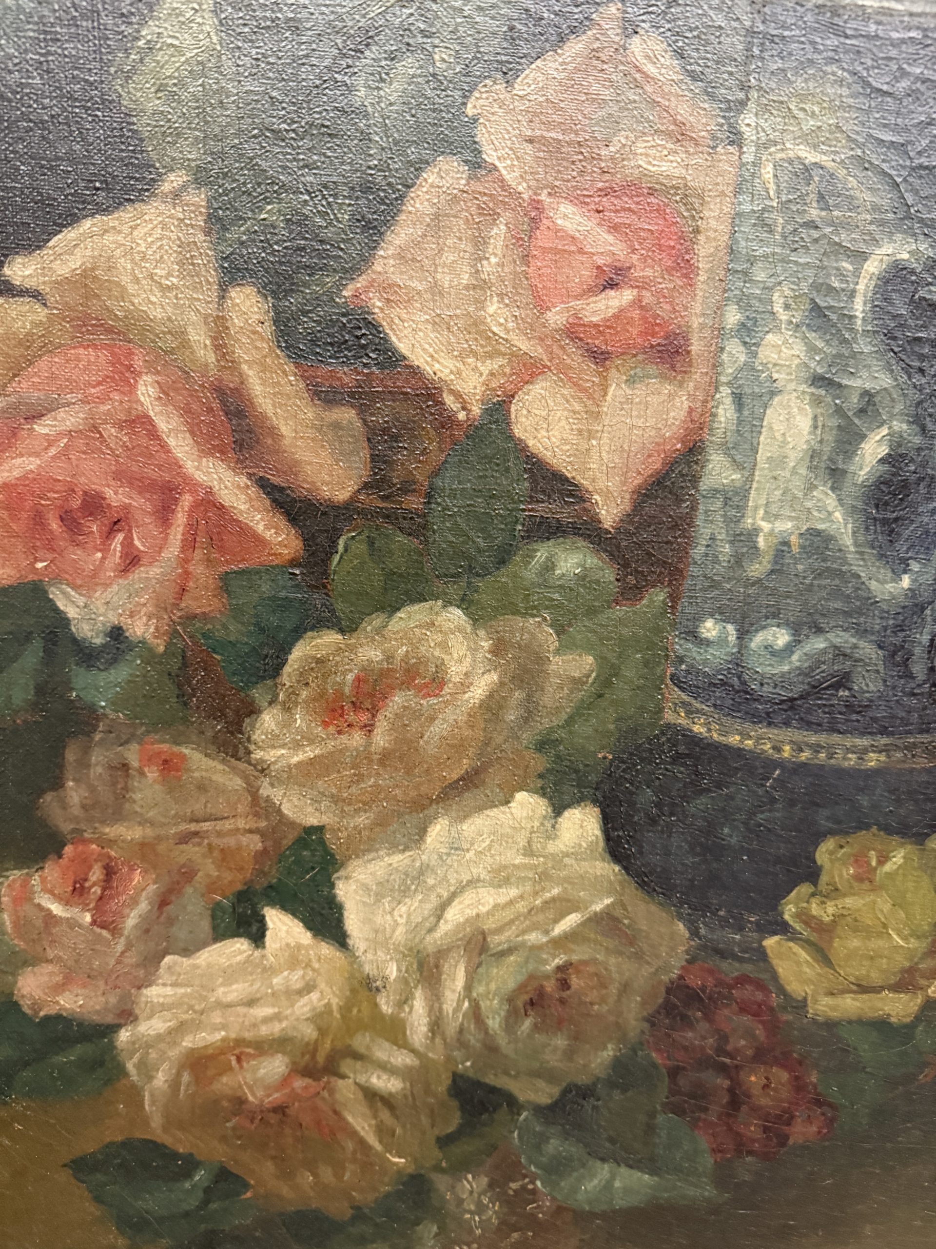 Antico dipinto olio su tela di gusto Liberty natura morta Francia 1930, 60x40cm - immagine 4