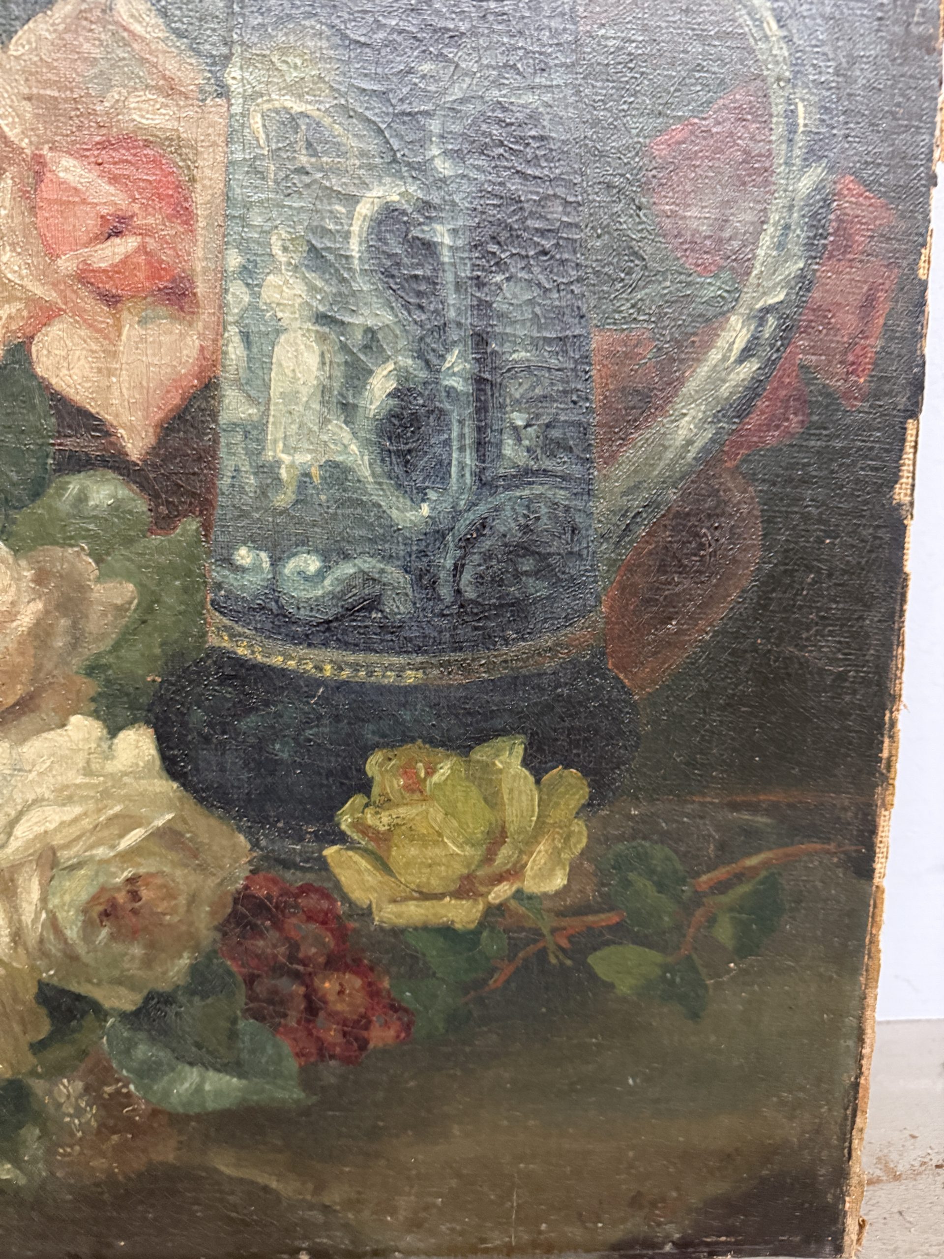 Antico dipinto olio su tela di gusto Liberty natura morta Francia 1930, 60x40cm - immagine 5