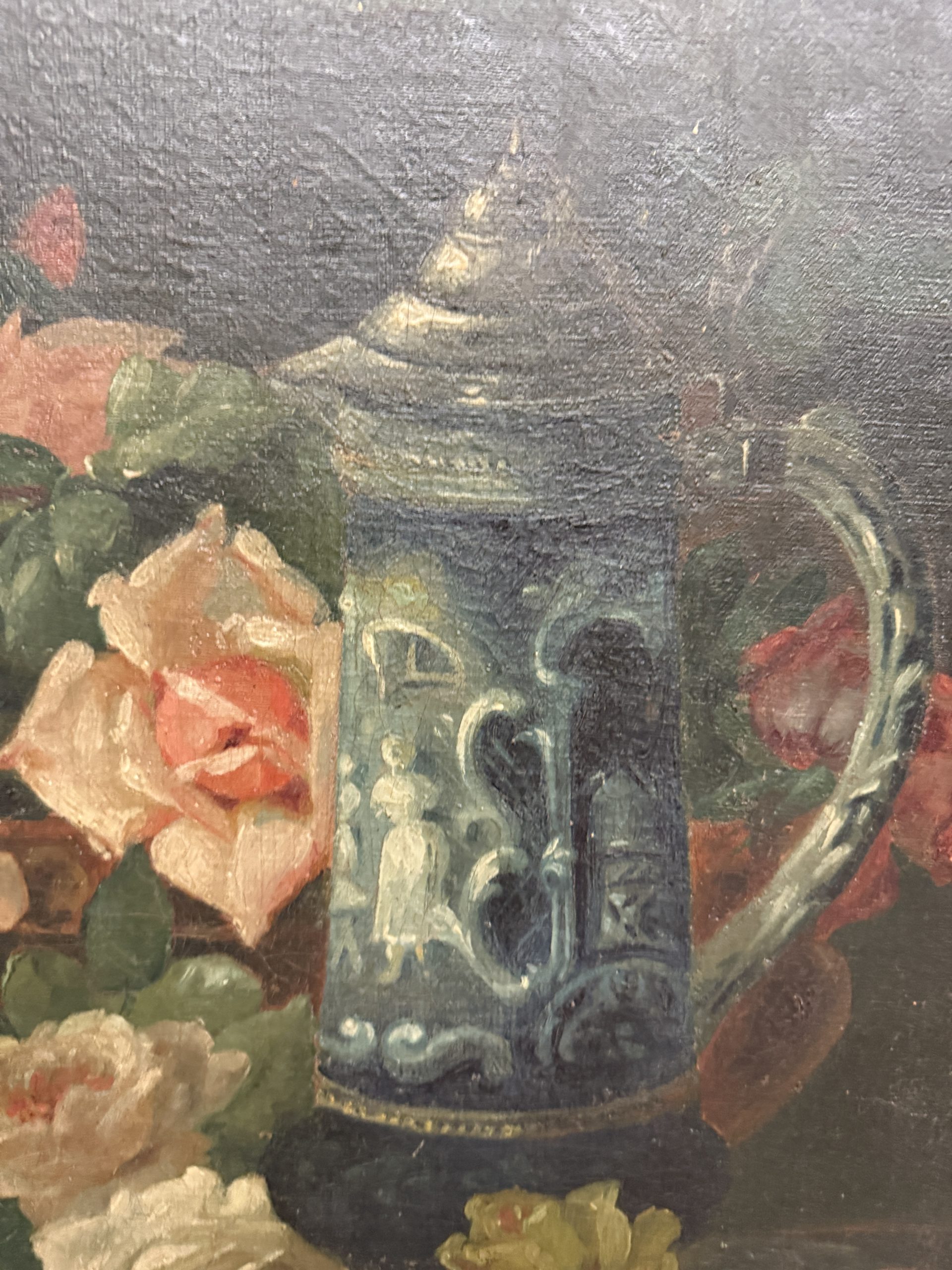 Antico dipinto olio su tela di gusto Liberty natura morta Francia 1930, 60x40cm - immagine 6
