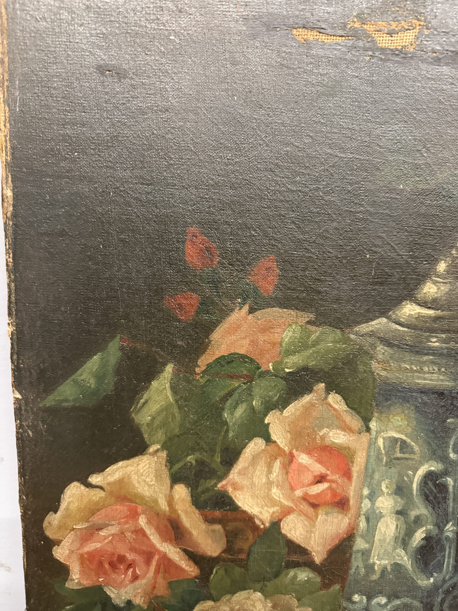 Antico dipinto olio su tela di gusto Liberty natura morta Francia 1930, 60x40cm - immagine 7