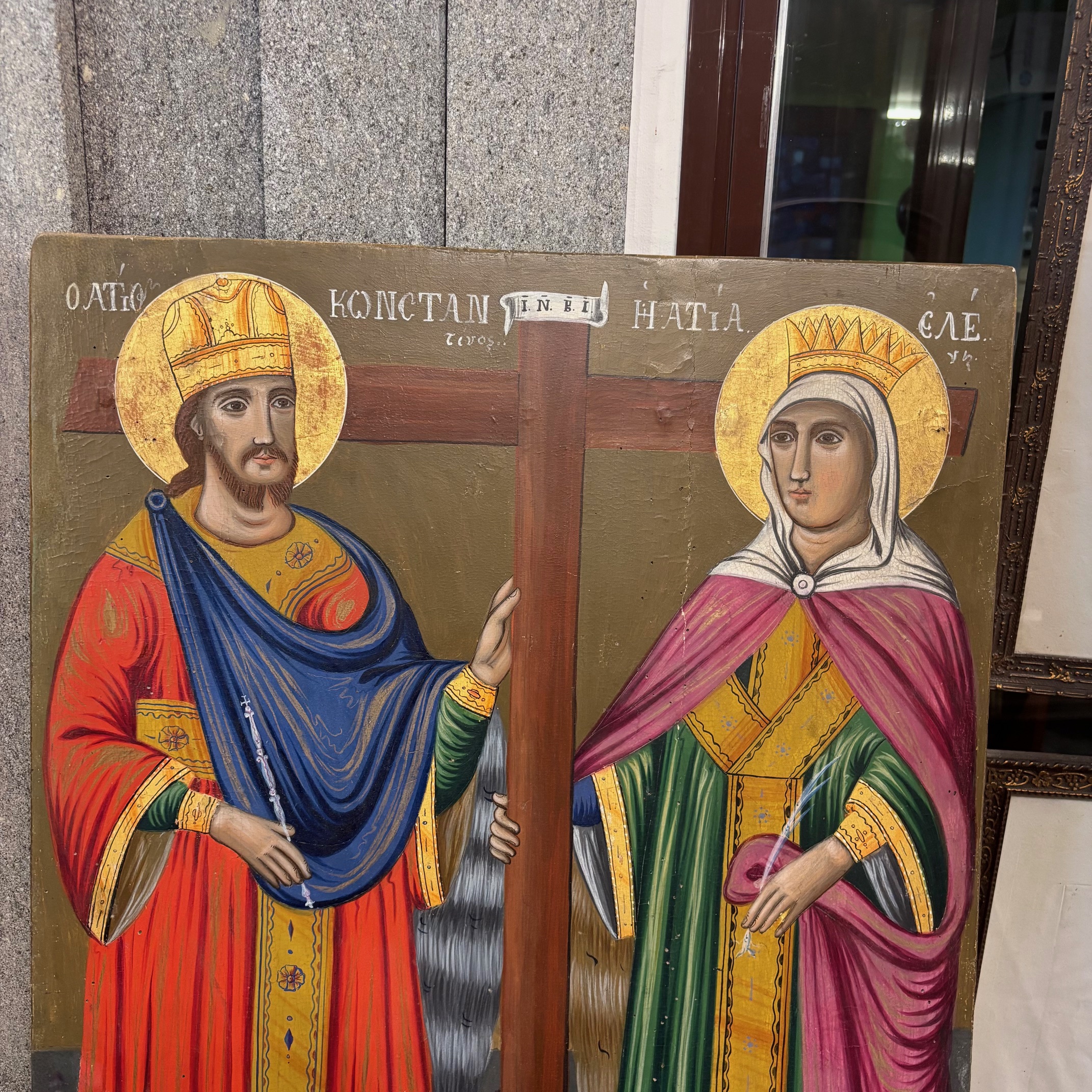 Antica Icona Ortodossa di Grandi dimensioni S. Costantino e S. Elena 78 x 53 epoca fine XIX secolo - immagine 4
