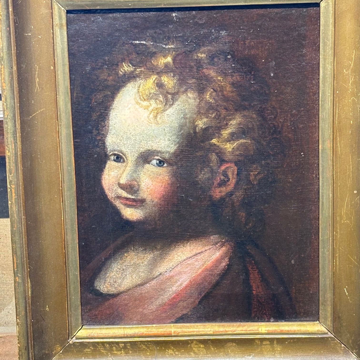 Antico dipinto olio su tela volto Angelo - Putto del XVII sec con cornice dorata . Mis 38 x 31 - immagine 2